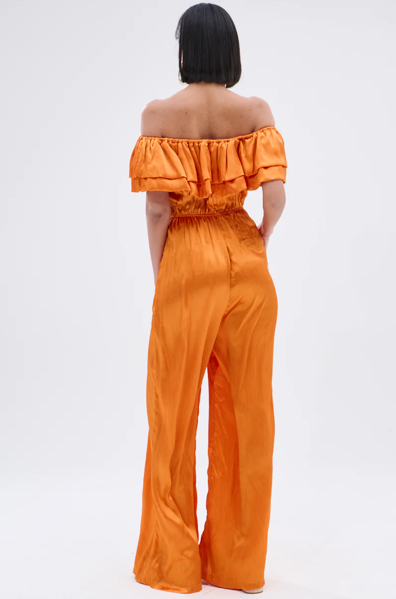 BYE BYE WINTER BLUES OFF THE SHOULDER SATIN JUMPSUIT - Image 4