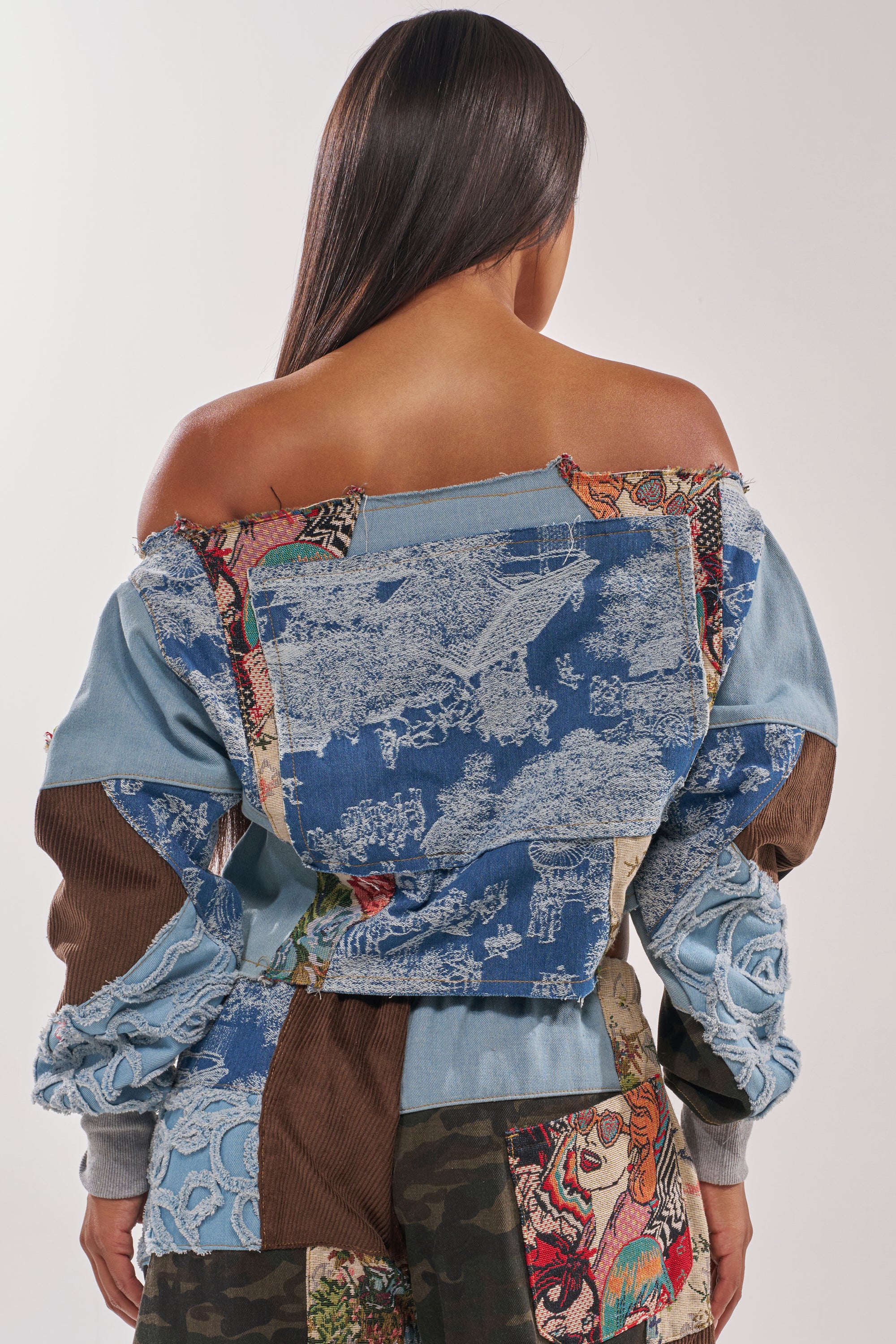 CALL ME CRAZY PATCHWORK OFF THE SHOULDER SWEATSHIRT - Image 6
