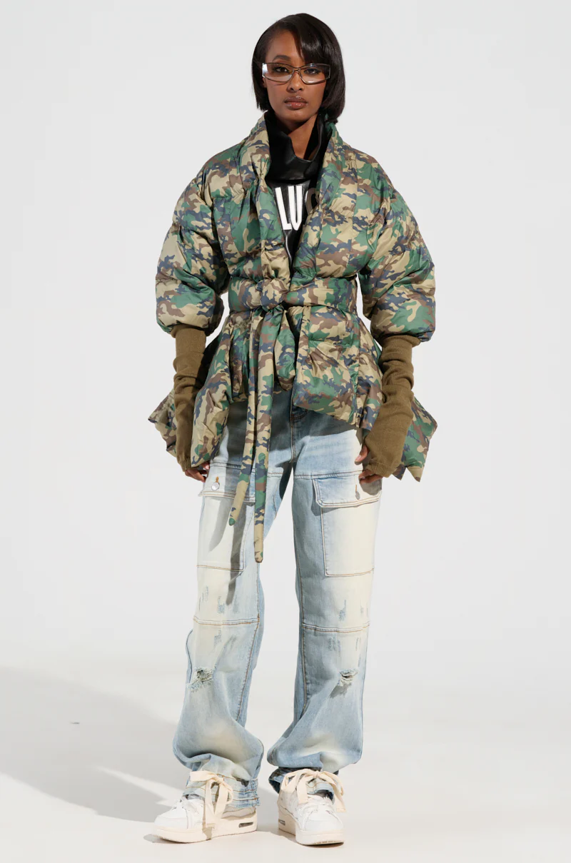 CAMO LONG RIB SLEEVE PEPLUM PUFFER COAT - Image 6