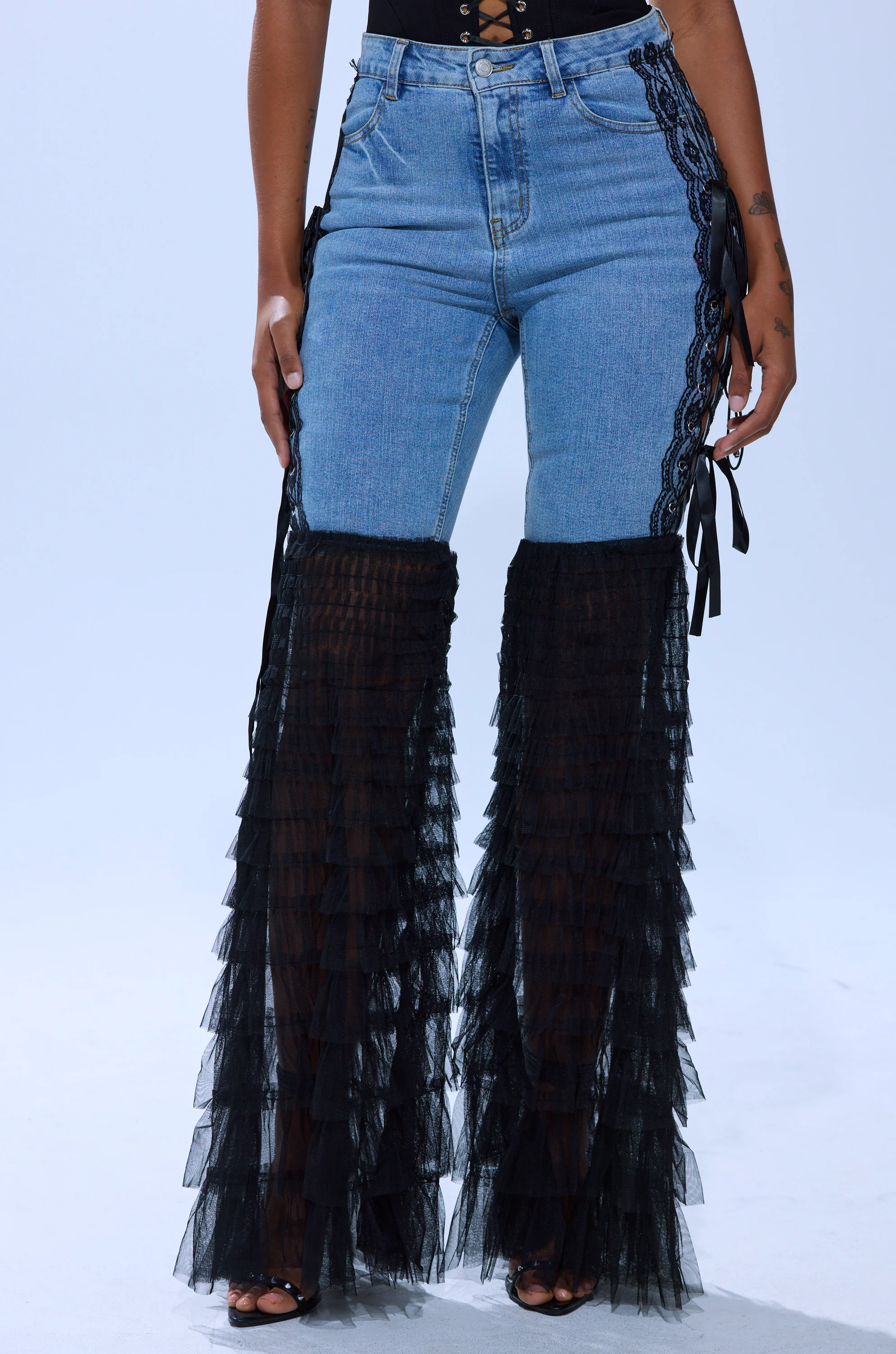 CAN'T DECIDE TULLE AND LACE DENIM JEANS - Image 2