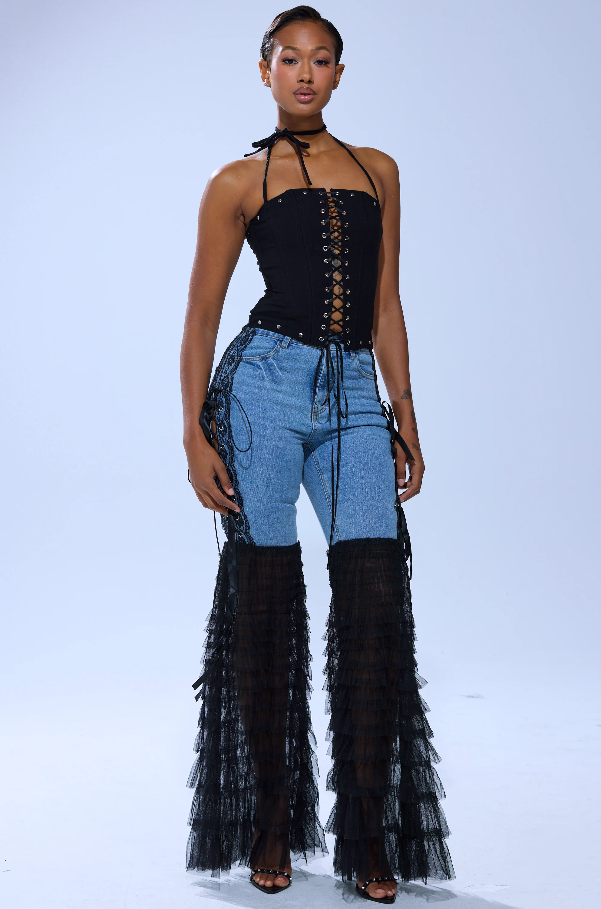 CAN'T DECIDE TULLE AND LACE DENIM JEANS - Image 6
