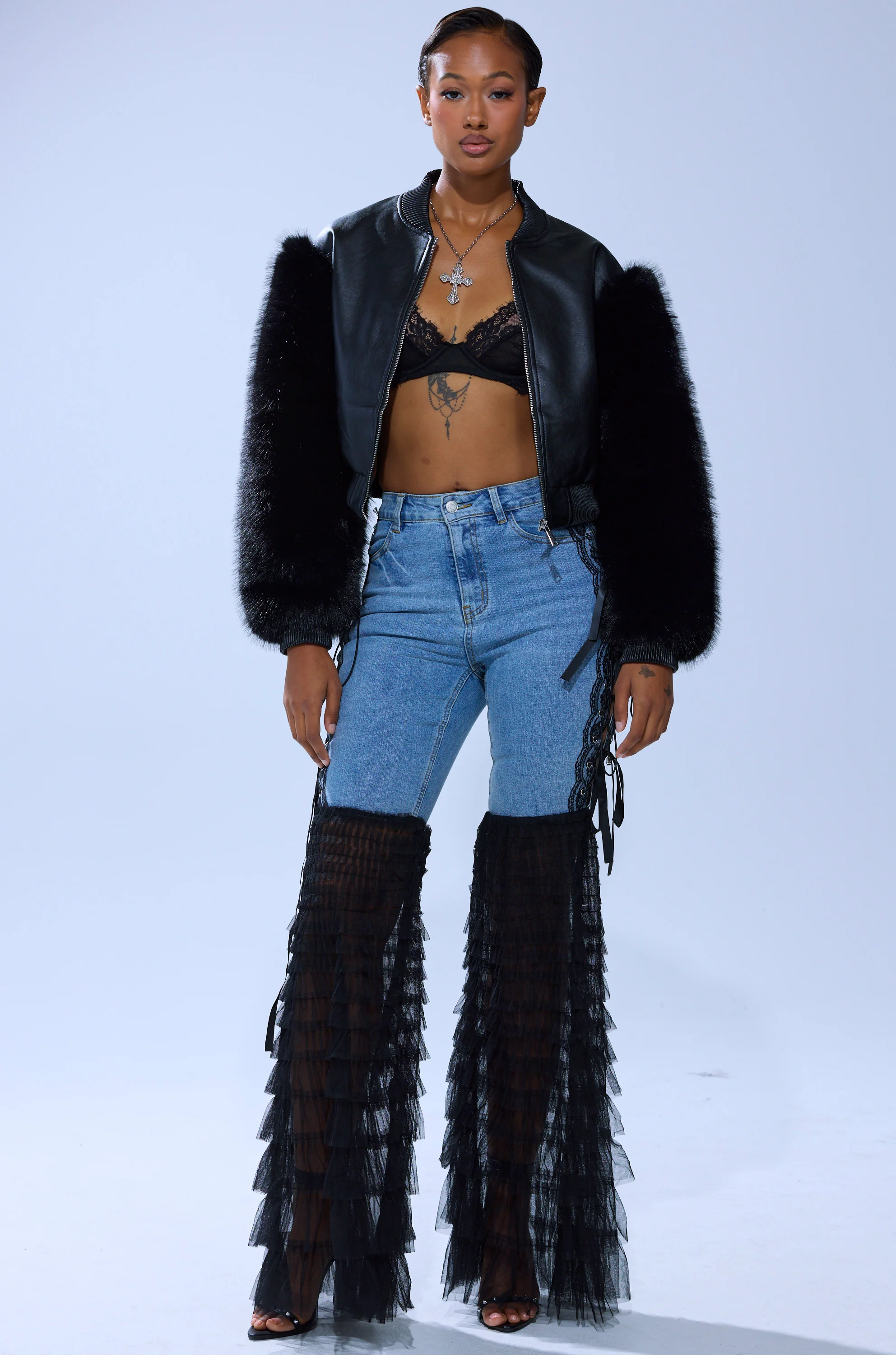 CAN'T DECIDE TULLE AND LACE DENIM JEANS - Image 8