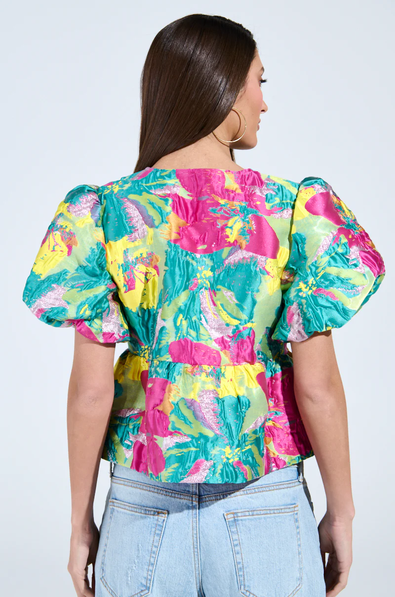 CARIBBEAN VIBES BROCADE TIE FRONT BLOUSE - Image 4