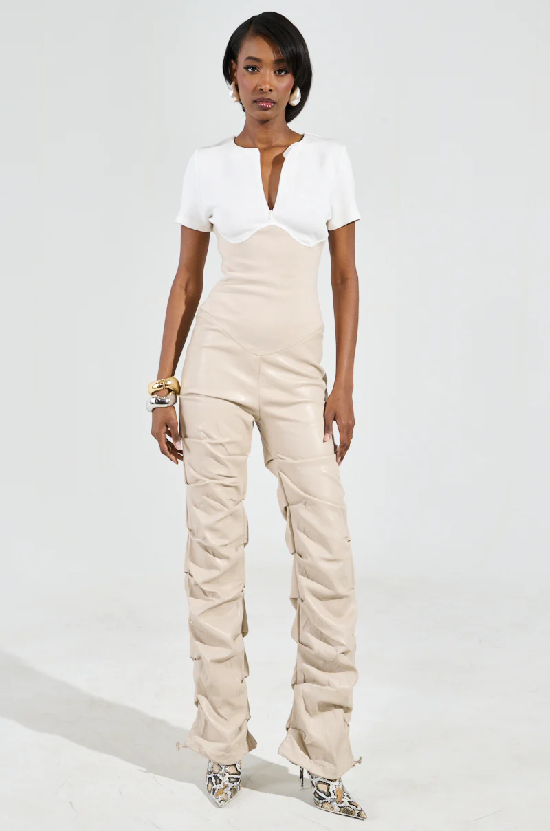 CHARLI STACKED PU JUMPSUIT IN IVORY - Image 2