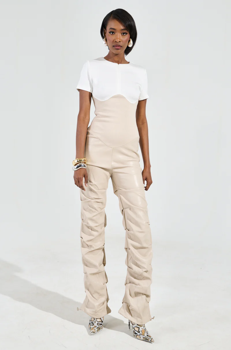 CHARLI STACKED PU JUMPSUIT IN IVORY - Image 4