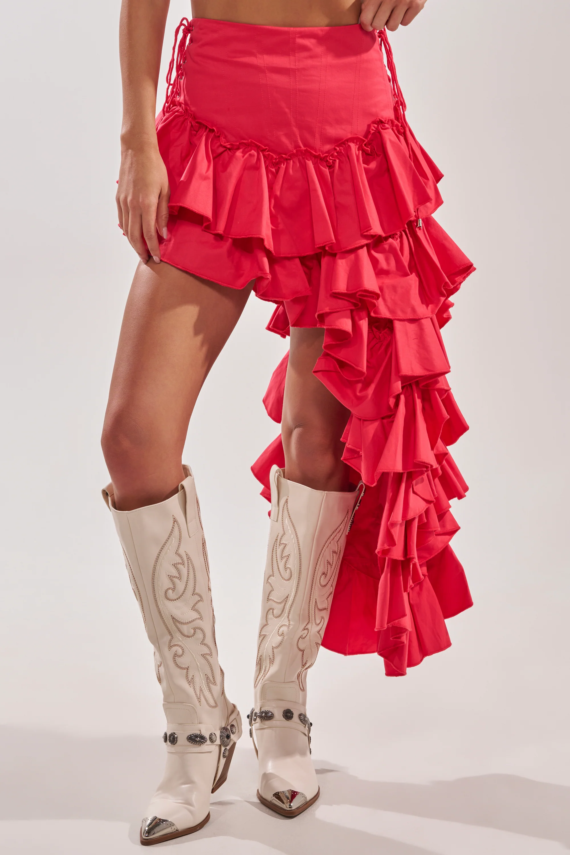 CLAIRE HIGH LOW RUFFLE SKIRT IN RED - Image 4