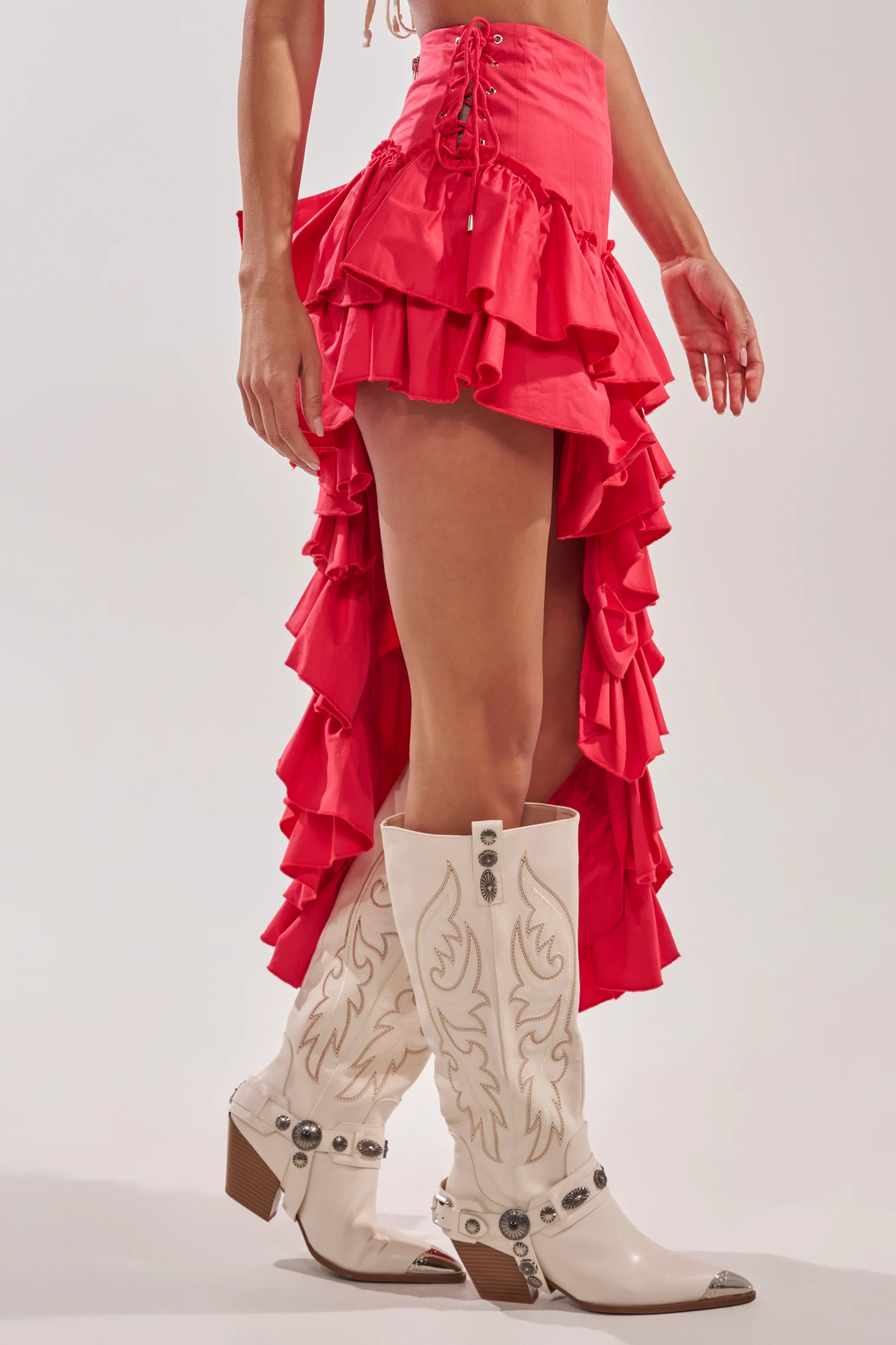 CLAIRE HIGH LOW RUFFLE SKIRT IN RED - Image 5
