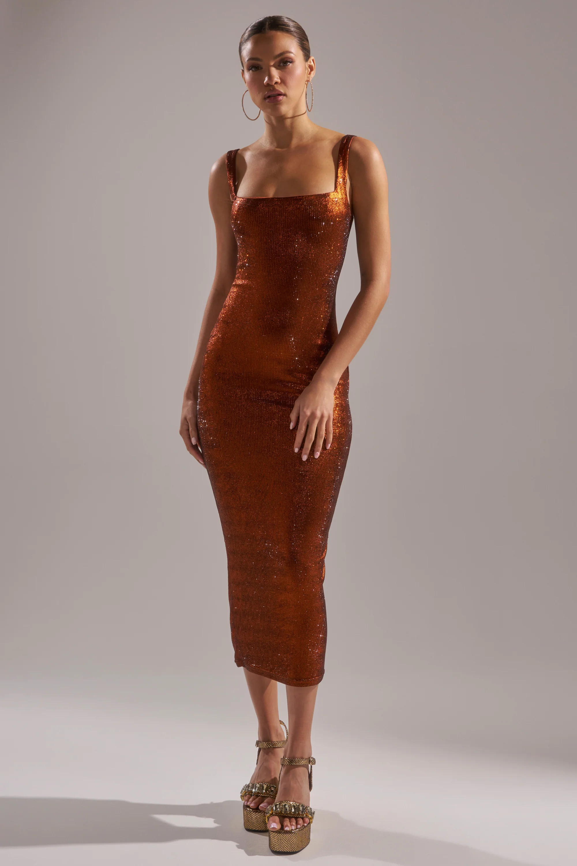 CLASSY BUT SASSY RHINESTONE MIDI DRESS IN RUST - Image 3