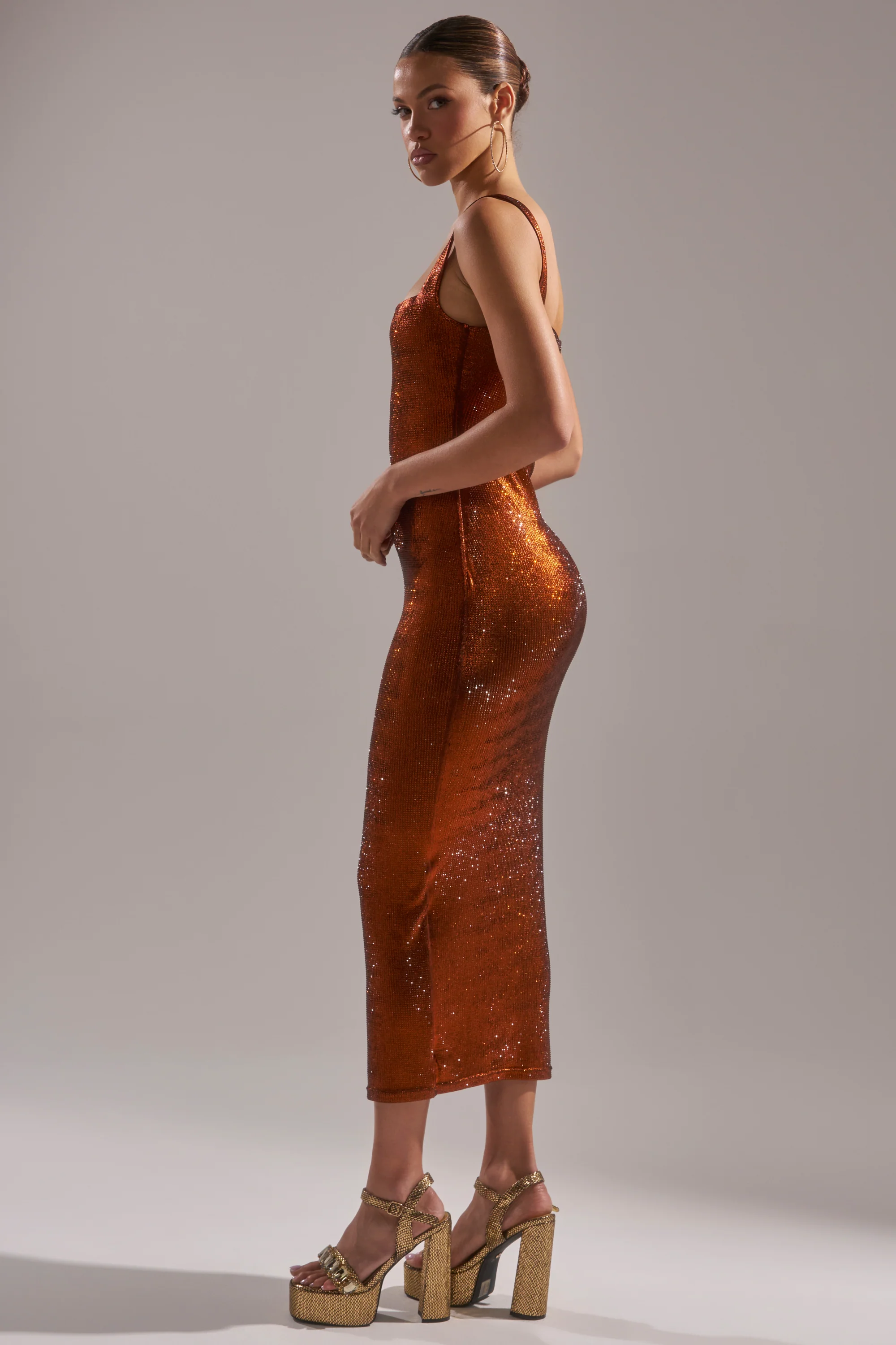 CLASSY BUT SASSY RHINESTONE MIDI DRESS IN RUST - Image 4