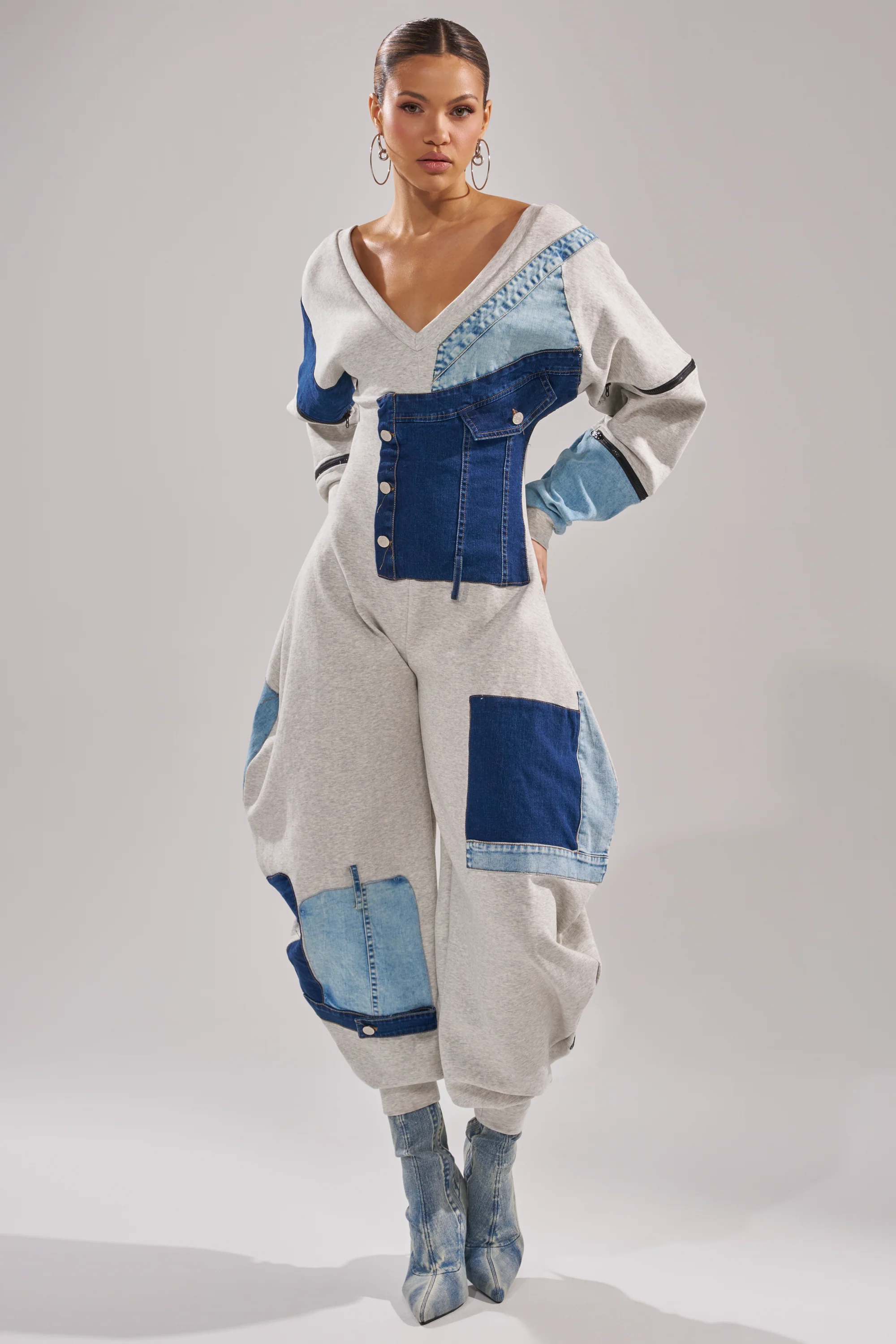 COMFY COZY SWEATSHIRT JUMPSUIT IN PATCHWORK DENIM - Image 3