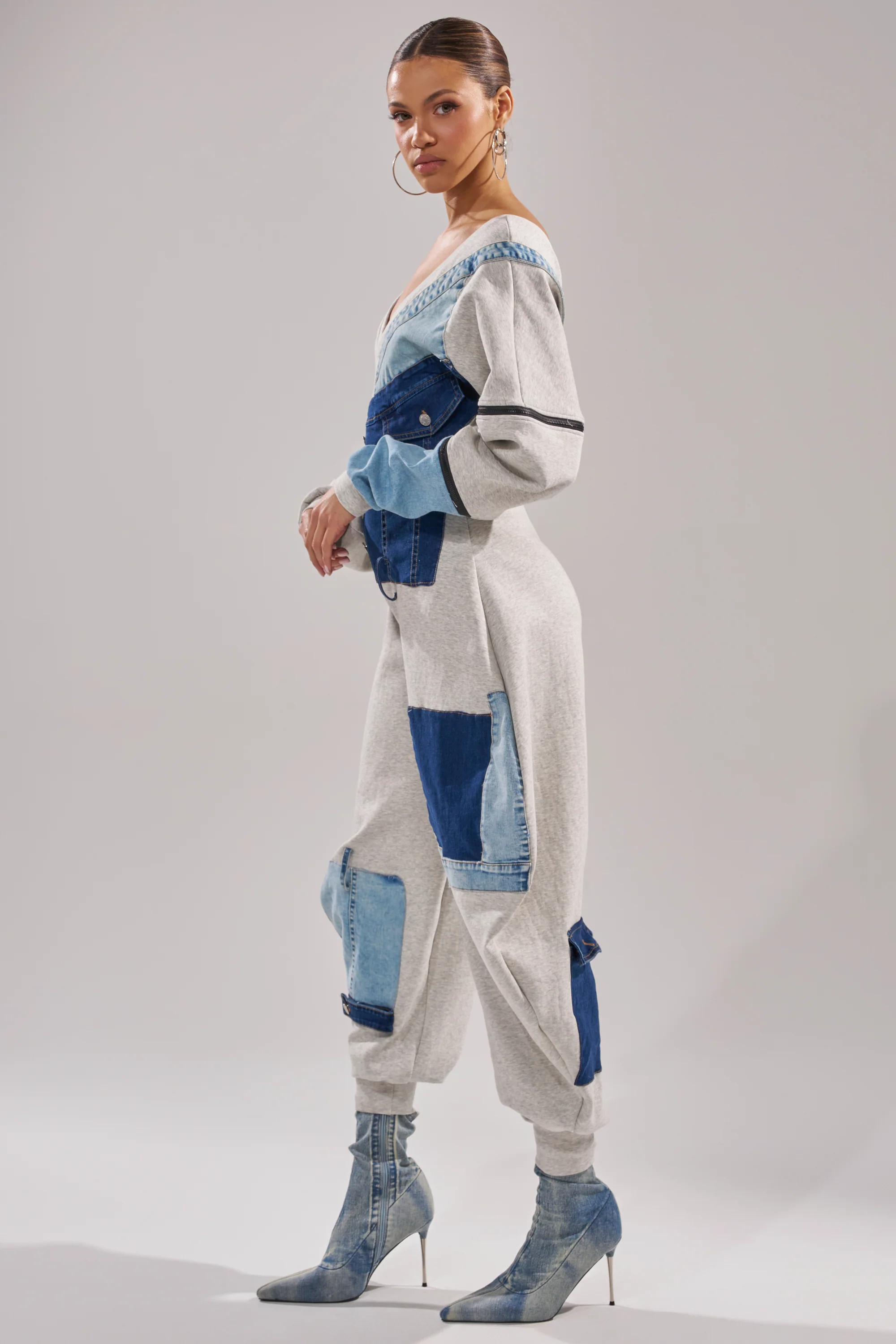 COMFY COZY SWEATSHIRT JUMPSUIT IN PATCHWORK DENIM - Image 4