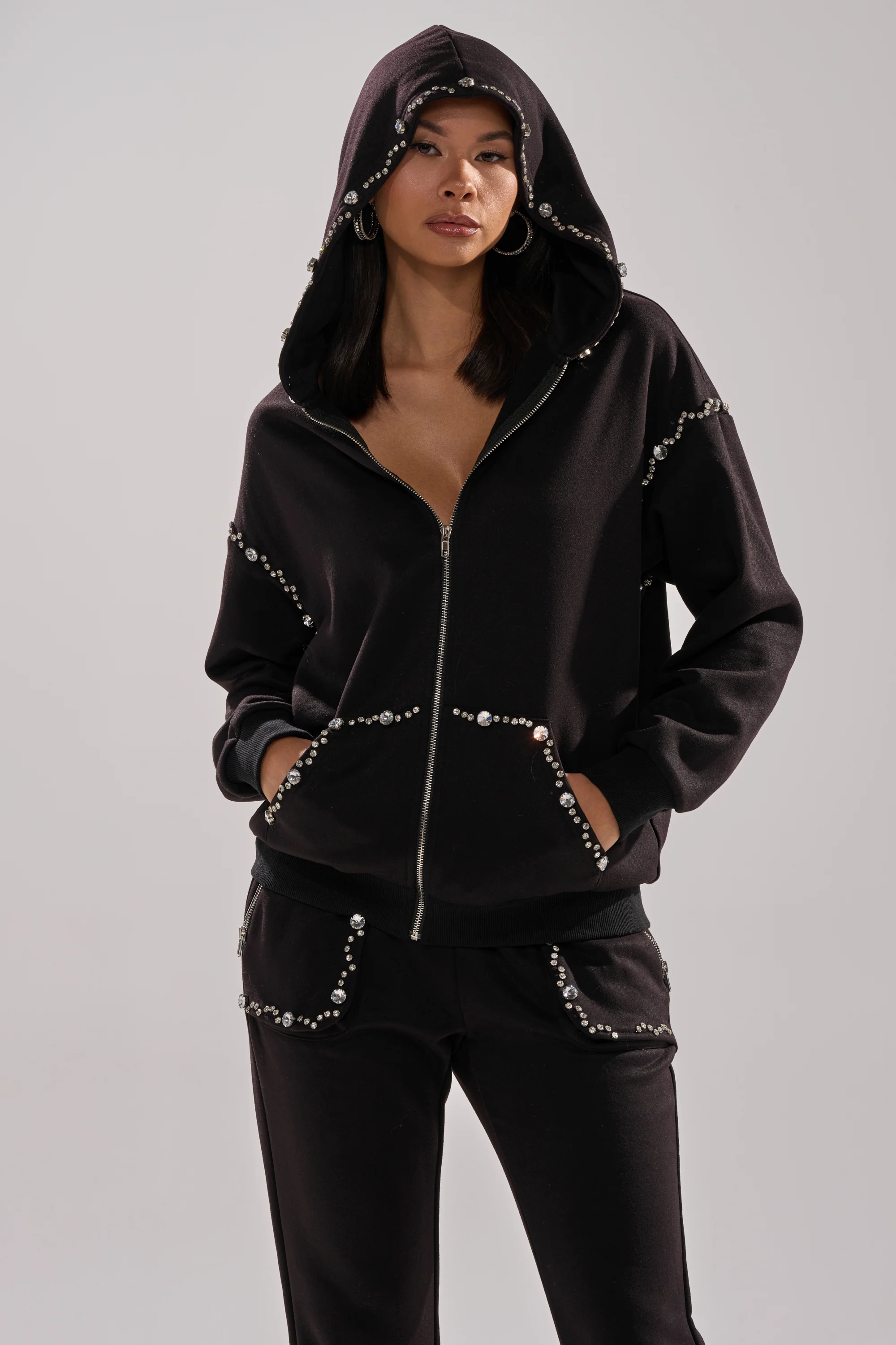 COZY HOLIDAY RHINESTONE ZIP UP SWEATSHIRT IN BLACK - Image 7