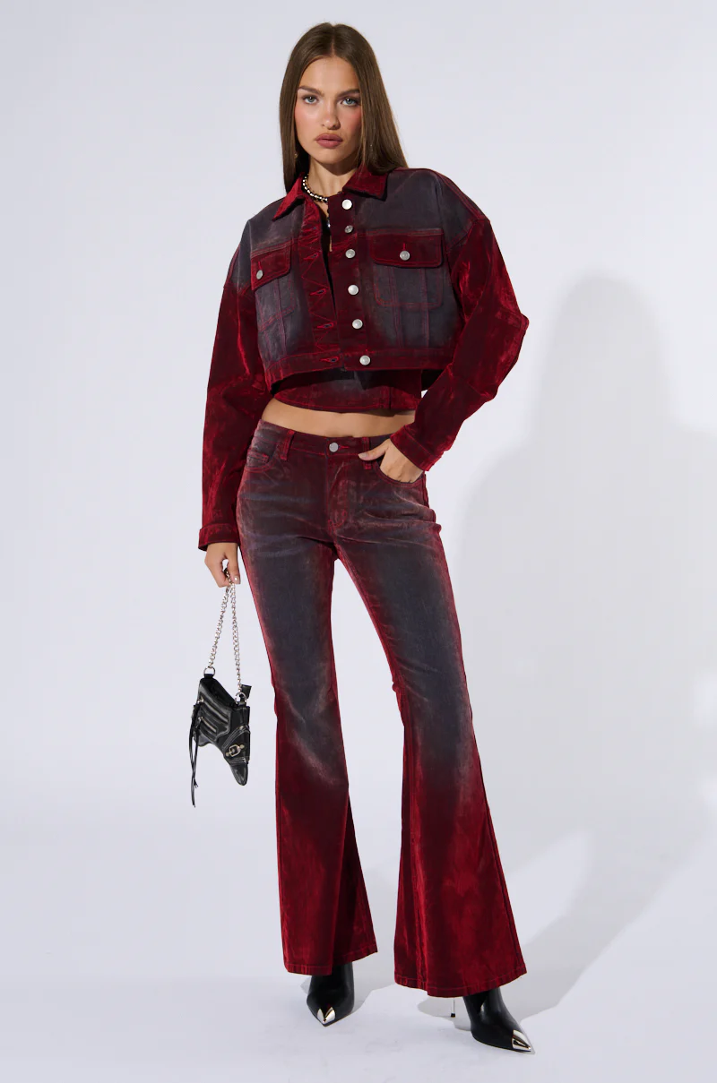 CRYSTAL VELVET DENIM PANT IN RED - Image 5