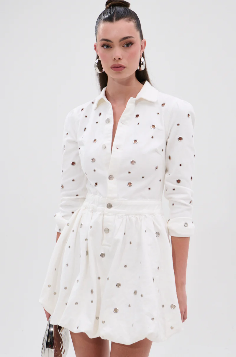 CUT IT OUT DENIM MINI DRESS WITH GROMMETS