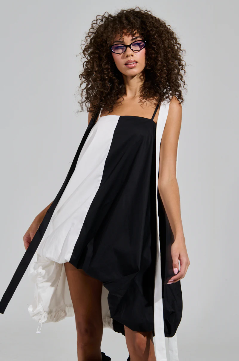 CUTIE GIRL POPLIN MINI BLACK AND WHITE DRESS WITH BOW DETAILS