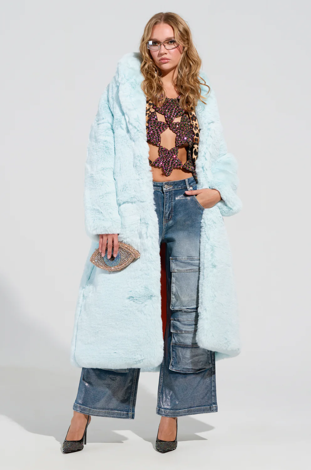DAYANNE FAUX FUR TRENCH IN LIGHT BLUE - Image 5