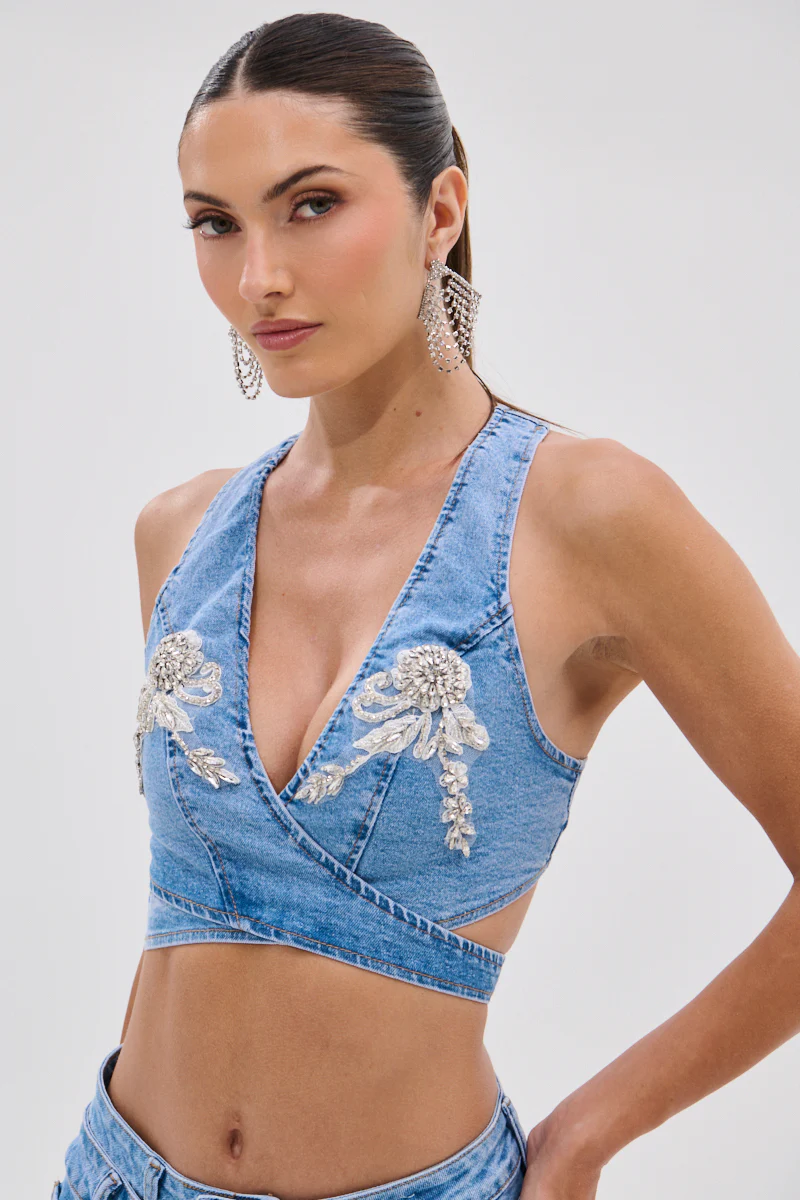 DIVALICIOUS DENIM BRA TOP IN LIGHT BLUE - Image 2