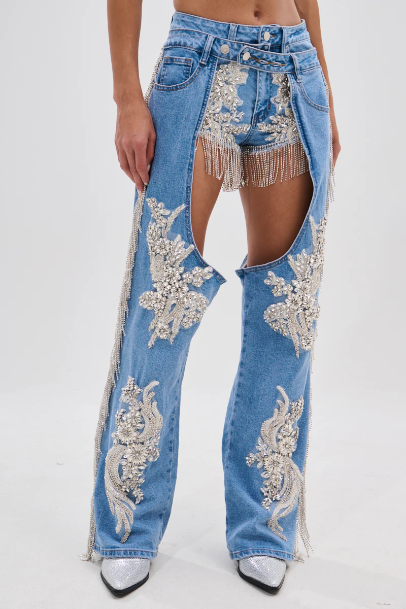 DIVALICIOUS DENIM CHAPS IN LIGHT BLUE - Image 2