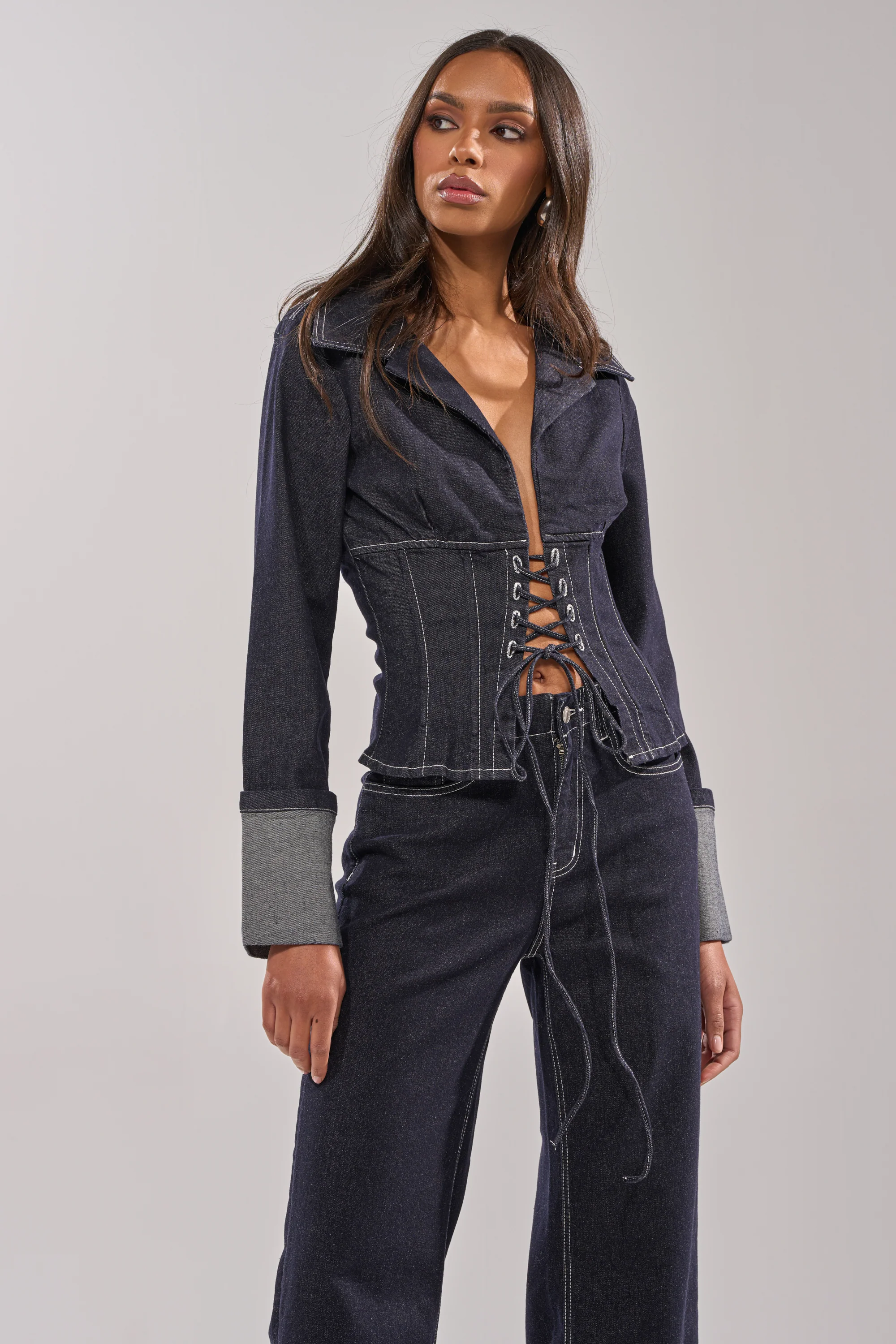 DON'T TALK TO ME LACE UP DENIM BLOUSE - Image 2