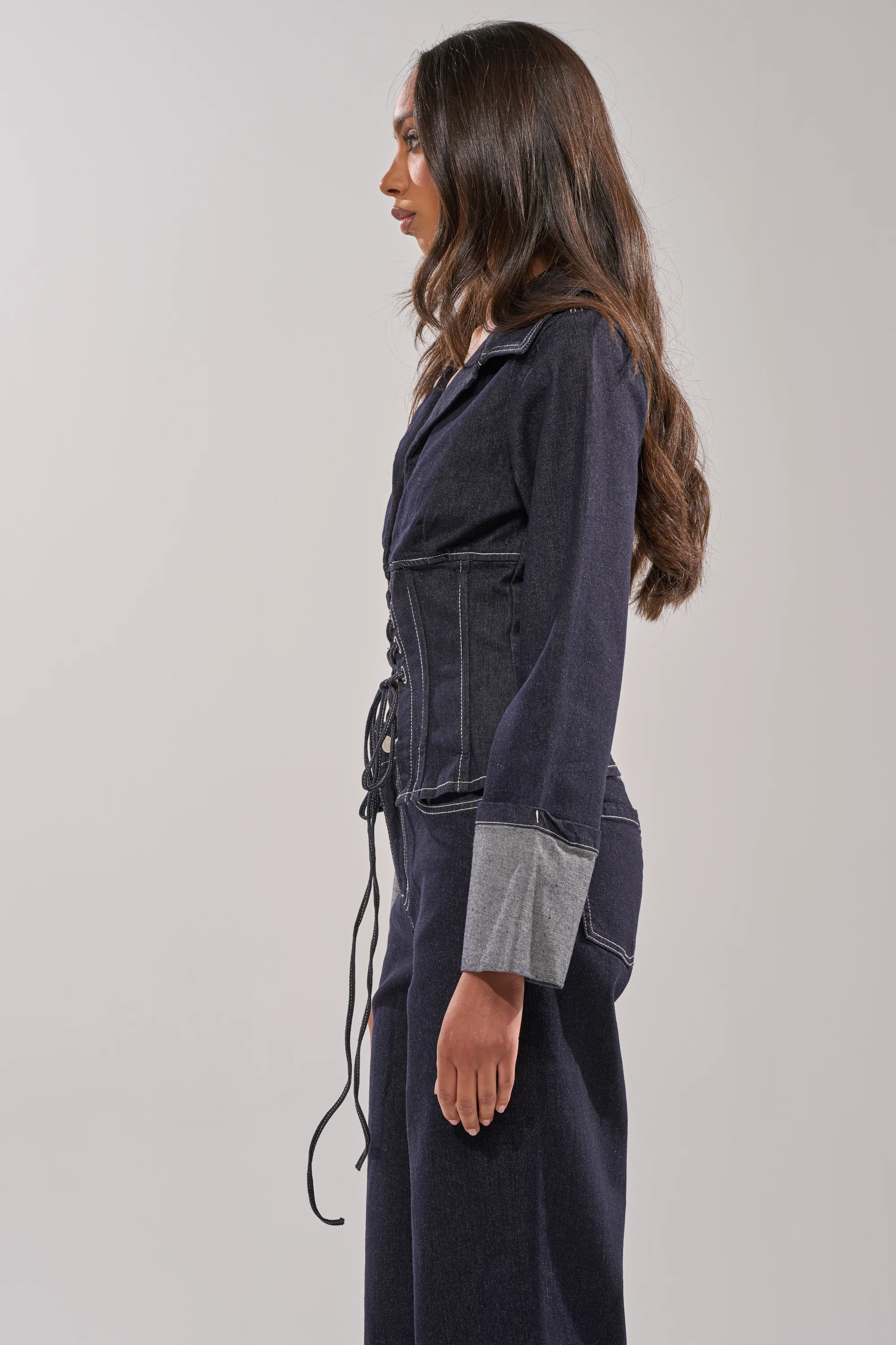 DON'T TALK TO ME LACE UP DENIM BLOUSE - Image 3