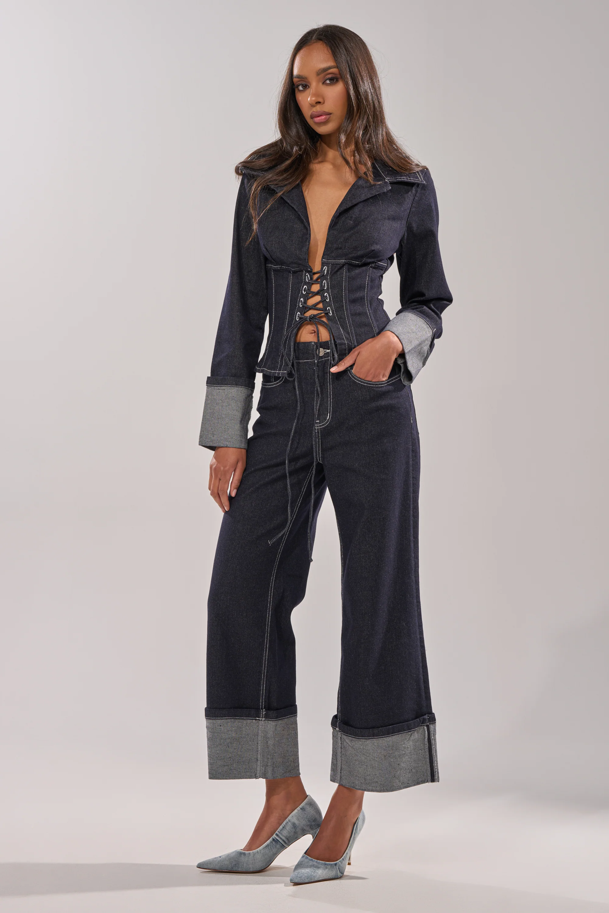 DON'T TALK TO ME LACE UP DENIM BLOUSE - Image 6