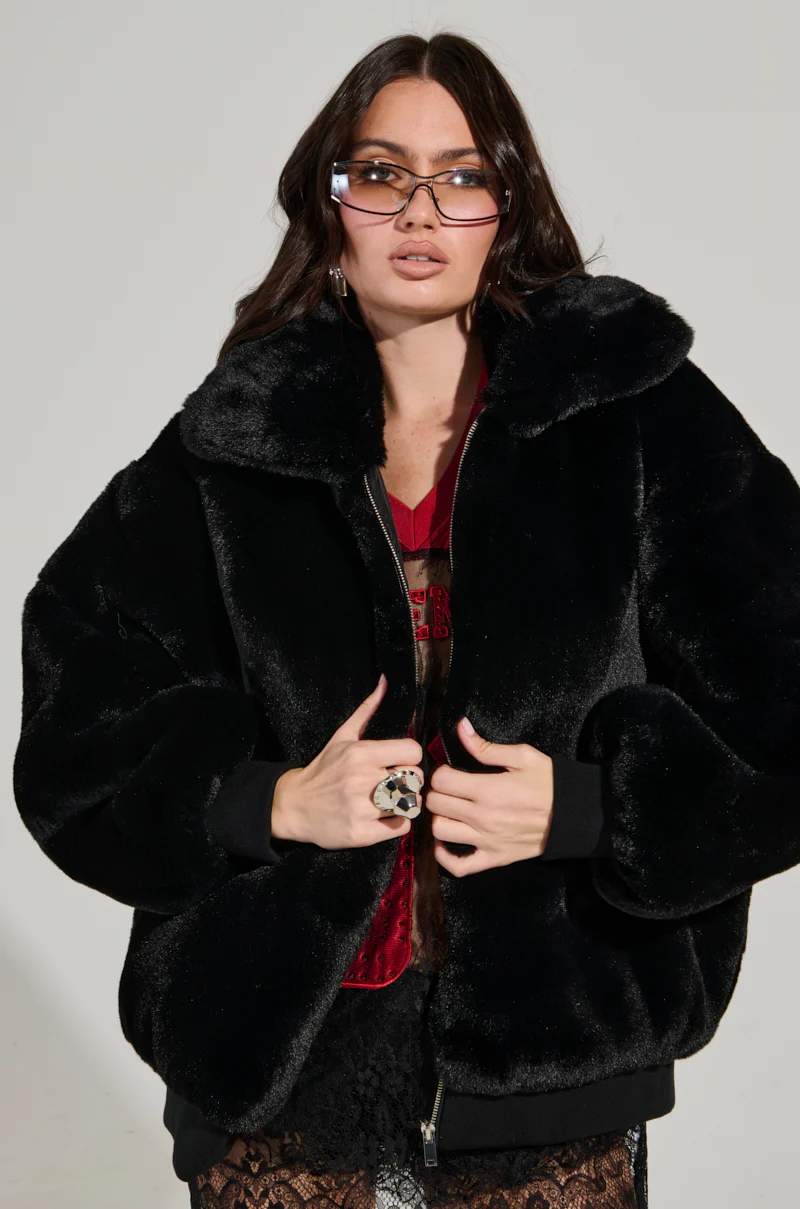 DREW STREET LONG FAUX FUR ZIP UP JACKET IN BLACK - Image 3