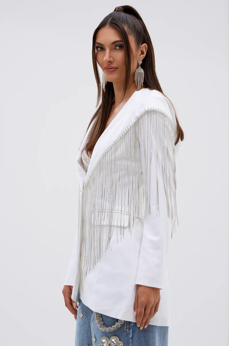 DRIPPY RHINESTONE FRINGE BLAZER IN WHITE - Image 5