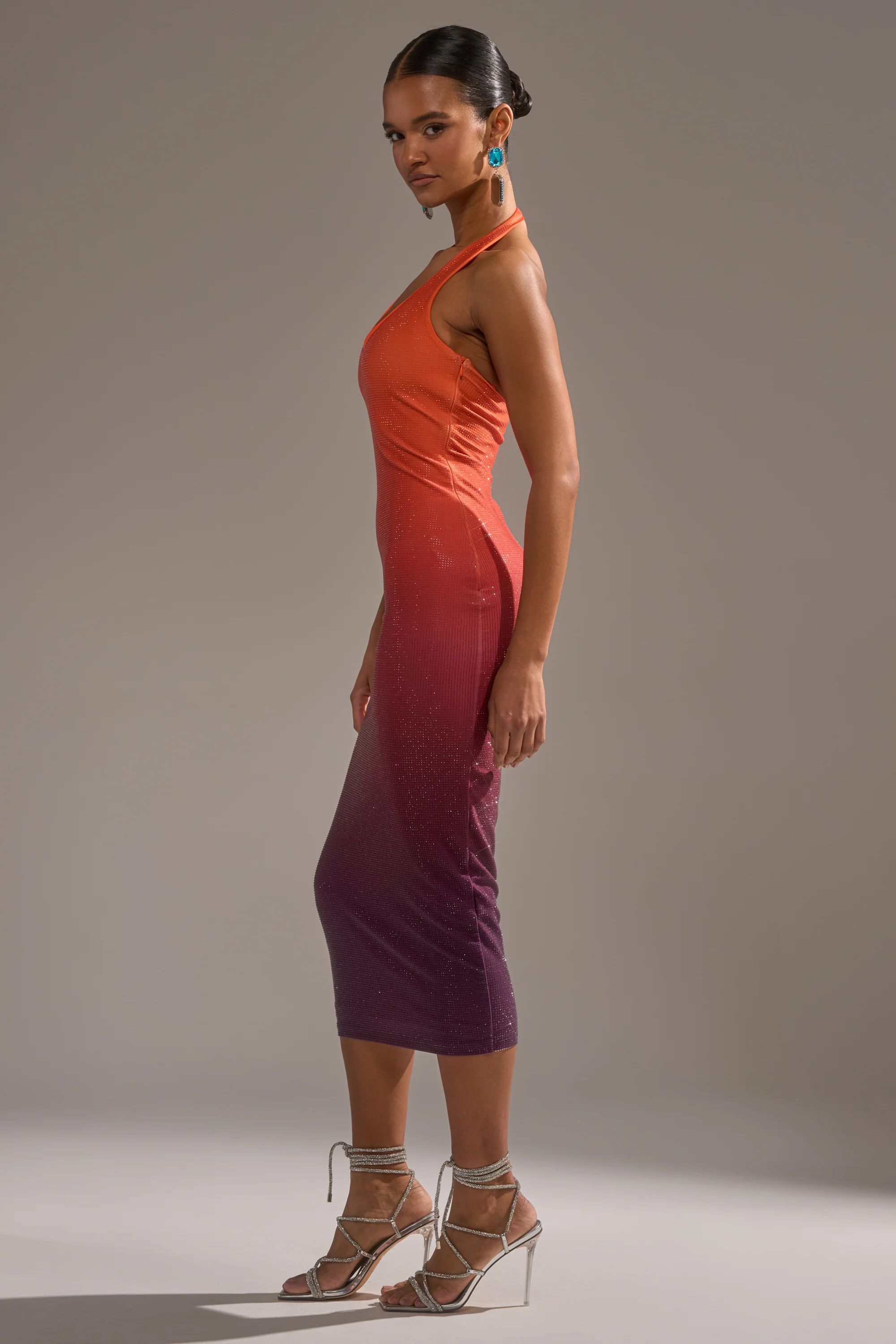 DUSK TILL DAWN RHINESTONE MIDI DRESS IN ORANGE - Image 3