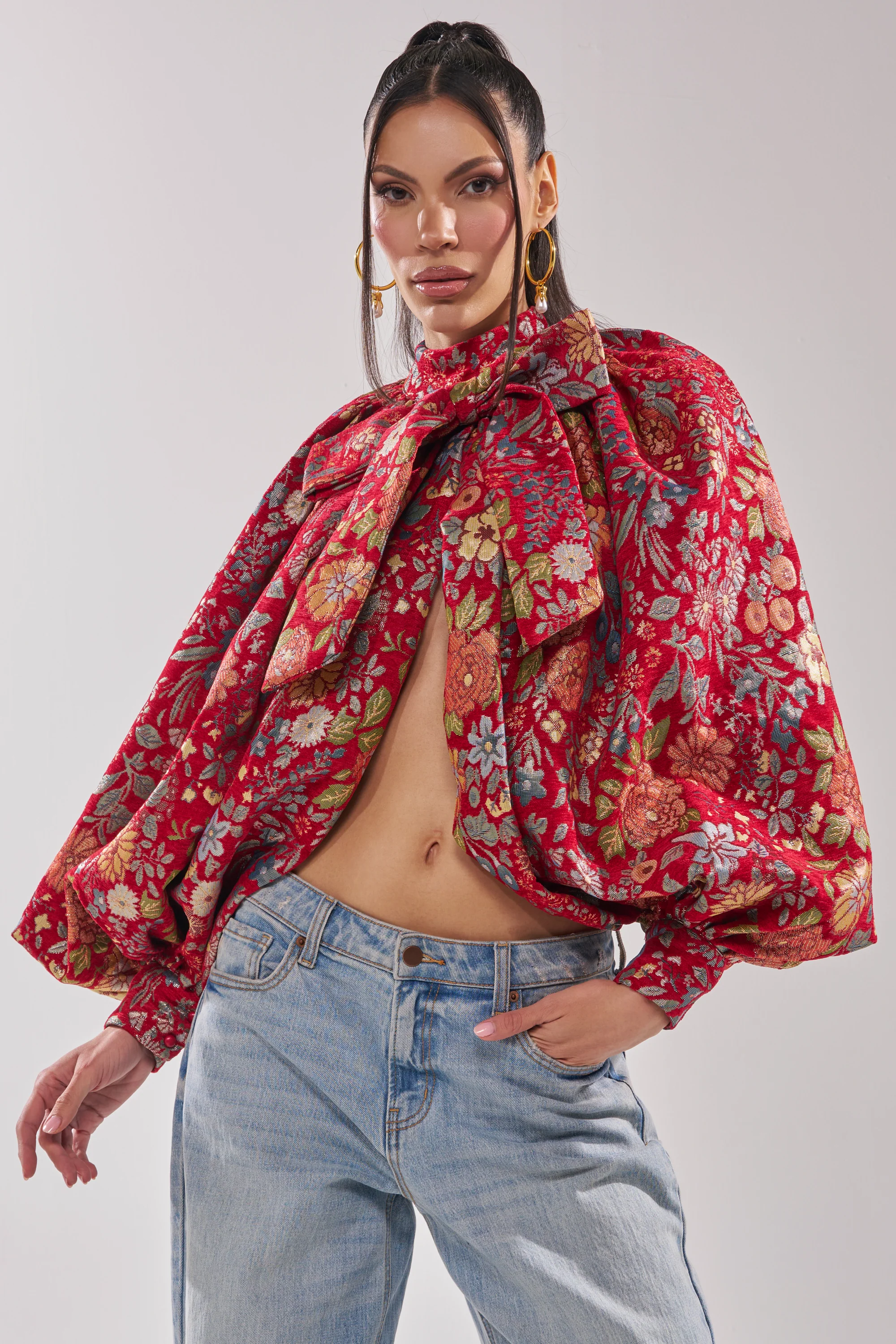 ETHEREAL FLORAL PUFF SLEEVE BROCADE TOP - Image 2