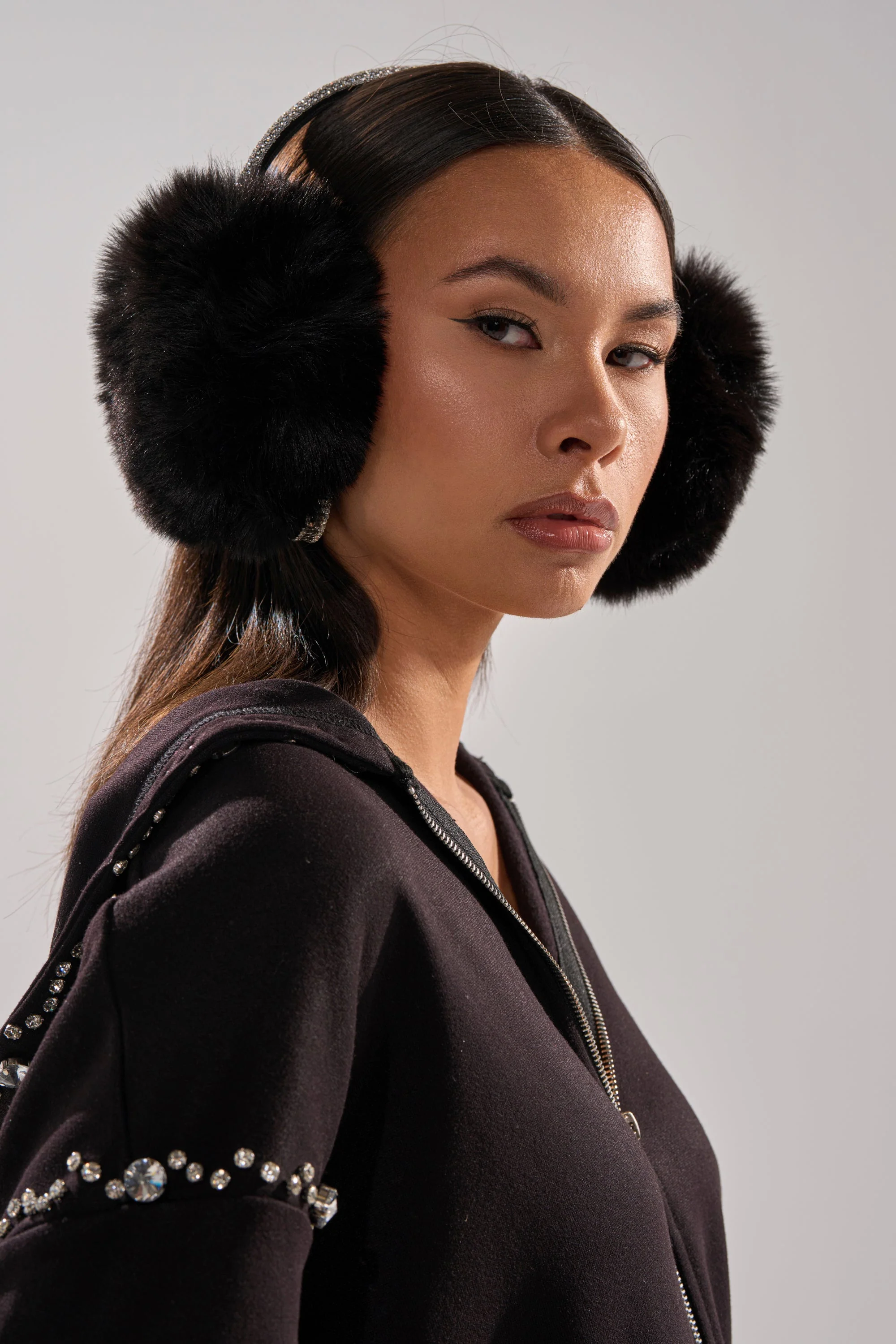 EXTRA RHINESTONE EAR MUFFS IN BLACK - Image 4