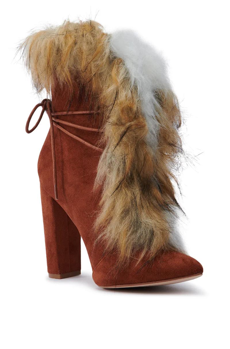 FANCY TAN LACE UP CHUNKY BOOTIE WITH FUR - Image 5
