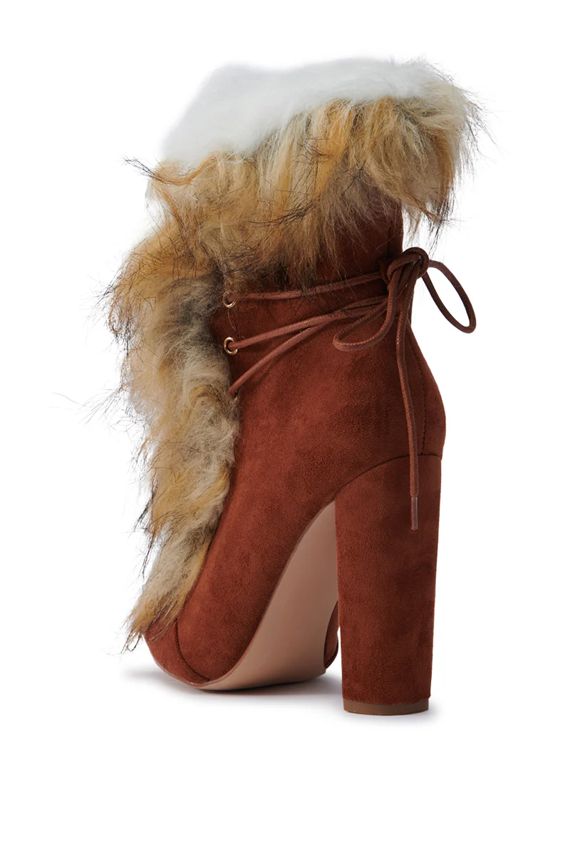 FANCY TAN LACE UP CHUNKY BOOTIE WITH FUR - Image 6