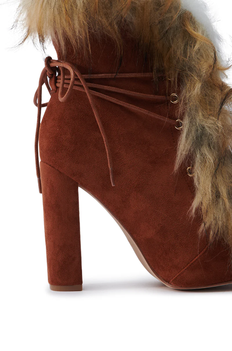 FANCY TAN LACE UP CHUNKY BOOTIE WITH FUR - Image 7