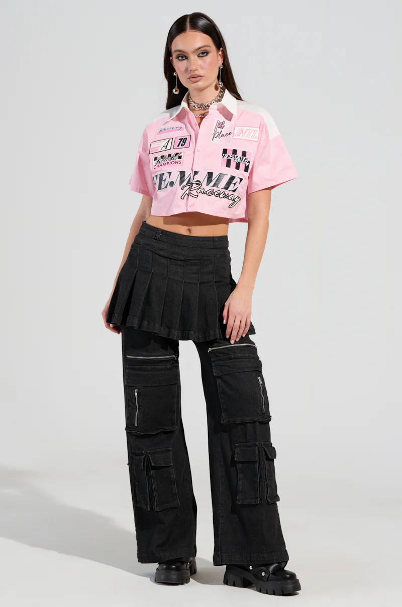 FEMME RACING BUTTON DOWN POPLIN SHIRT IN PINK - Image 5