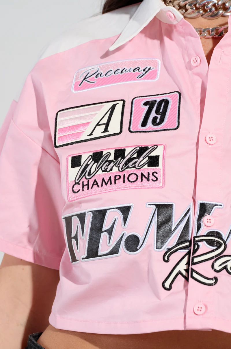 FEMME RACING BUTTON DOWN POPLIN SHIRT IN PINK - Image 8