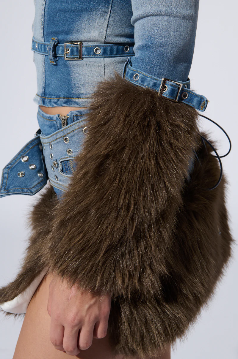 FRANCESCA FUR TRIM OFF SHOULDER DENIM TOP - Image 9