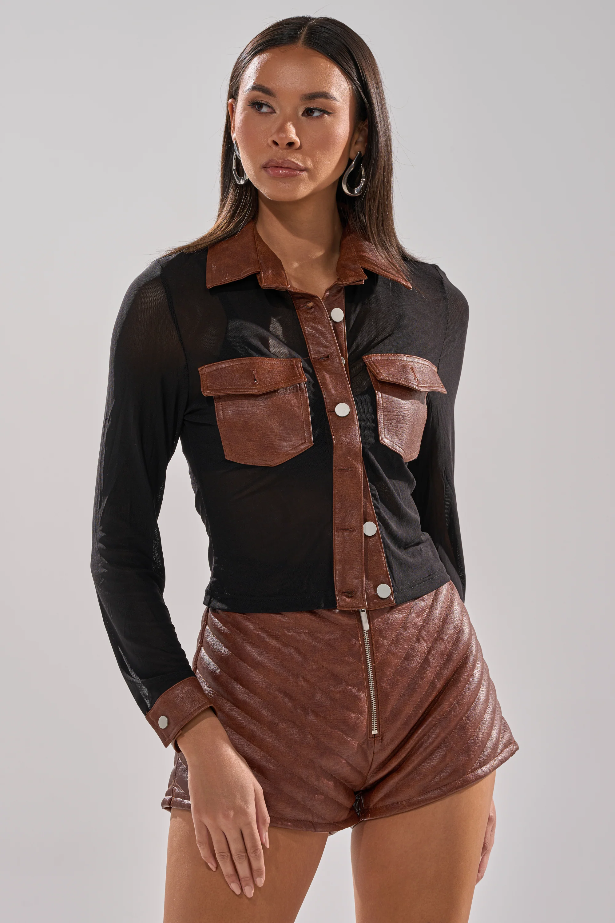 GALAXY MESH BUTTON DOWN WITH FAUX LEATHER TRIM - Image 2