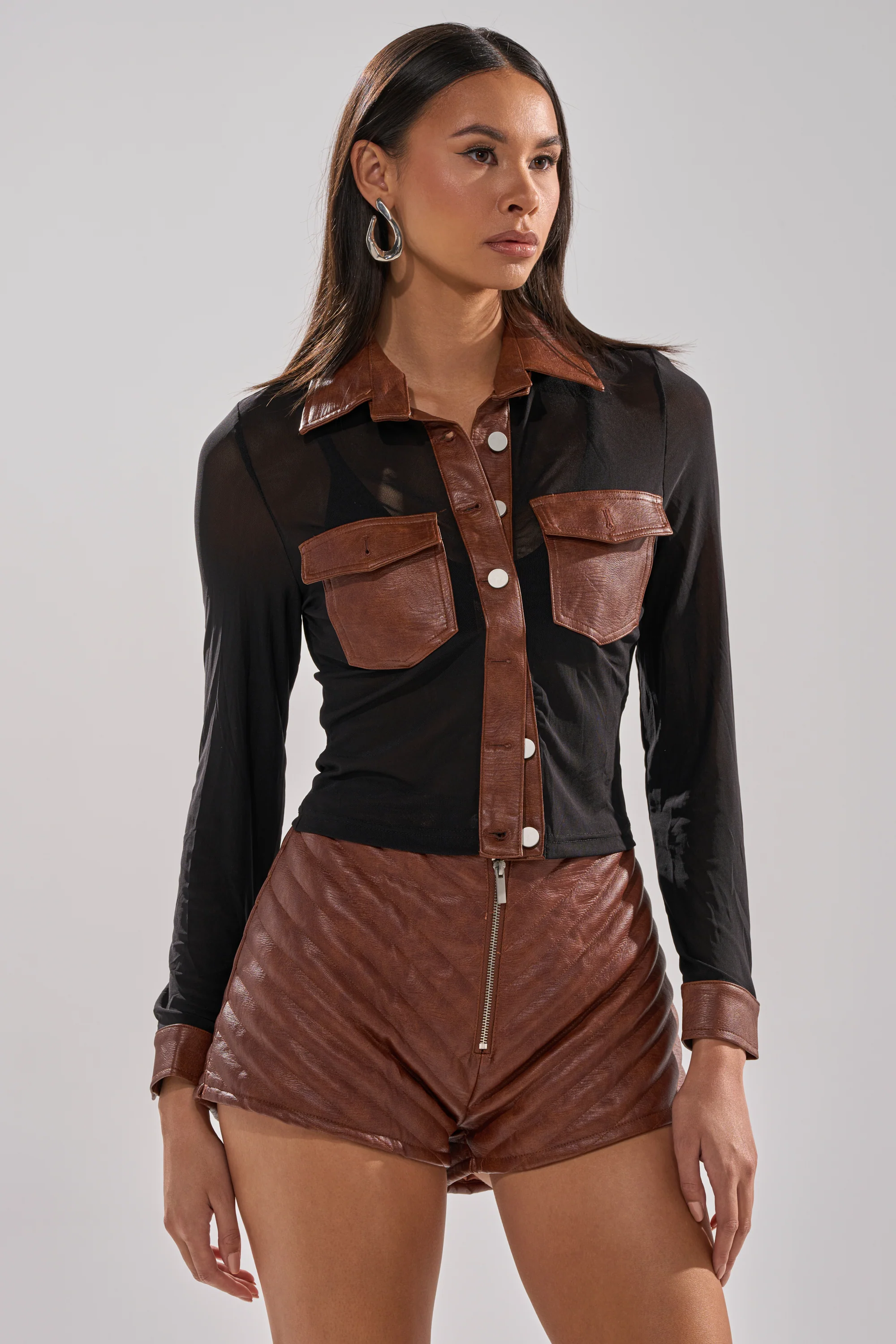 GALAXY MESH BUTTON DOWN WITH FAUX LEATHER TRIM - Image 3