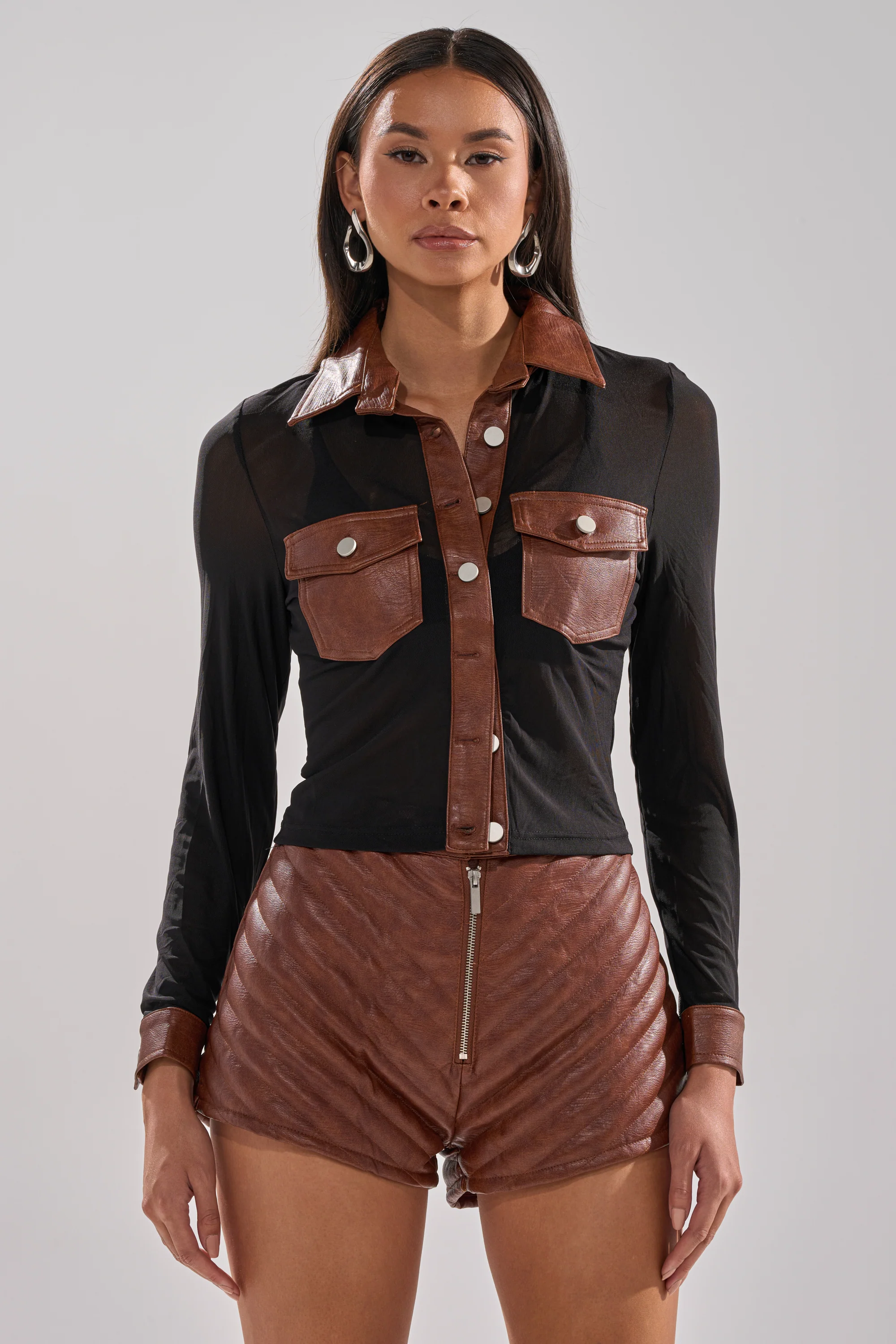 GALAXY MESH BUTTON DOWN WITH FAUX LEATHER TRIM - Image 5