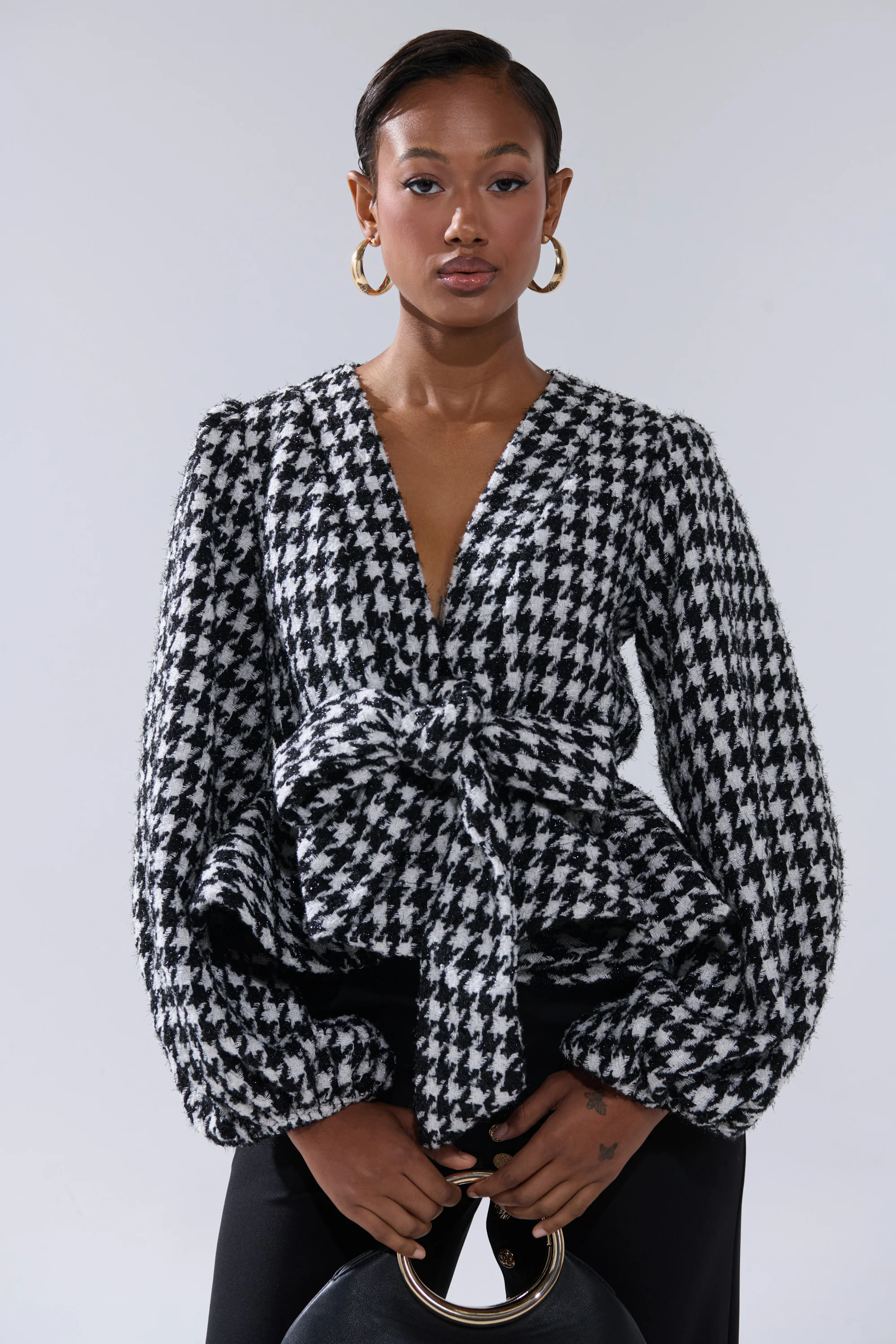 GIRL PLEASE HOUNDSTOOTH TIE-FRONT BLOUSE - Image 2