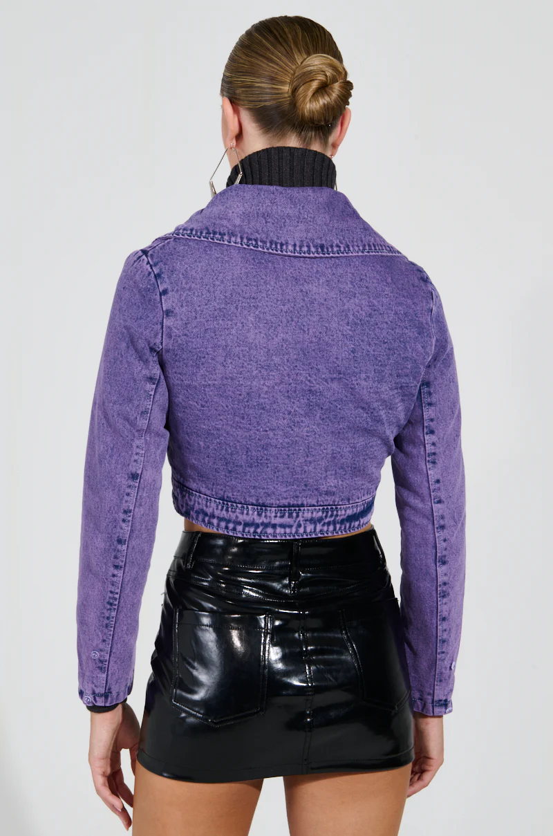 GISELE CROPPED FUR TRIM DENIM JACKET IN PURPLE - Image 7
