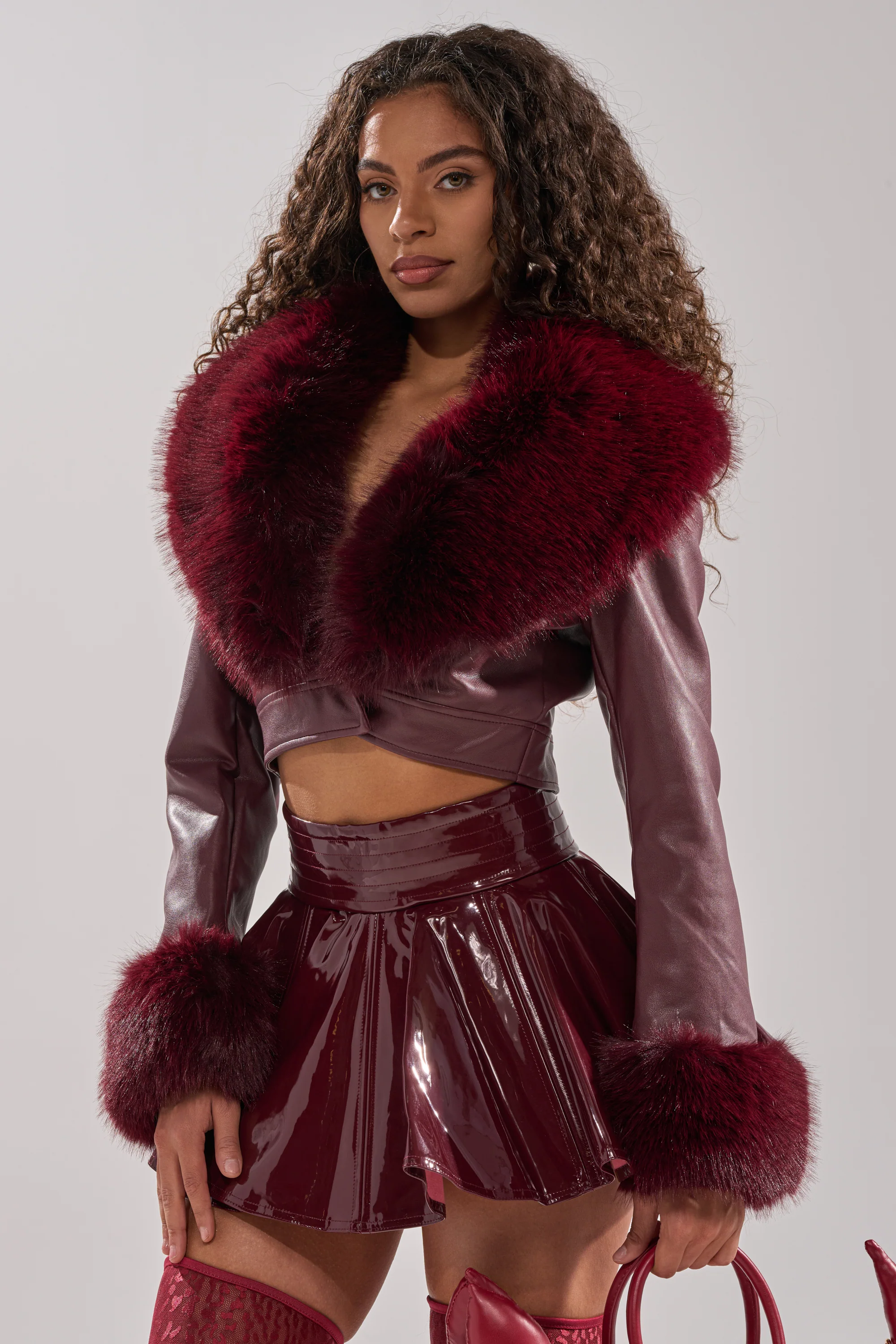 GISELE FUR TRIM MOTO IN BURGUNDY - Image 2