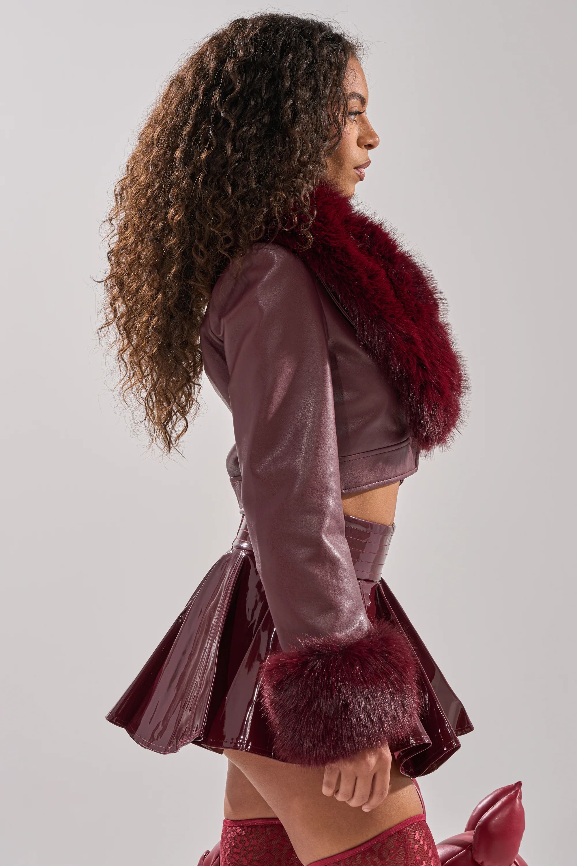 GISELE FUR TRIM MOTO IN BURGUNDY - Image 6