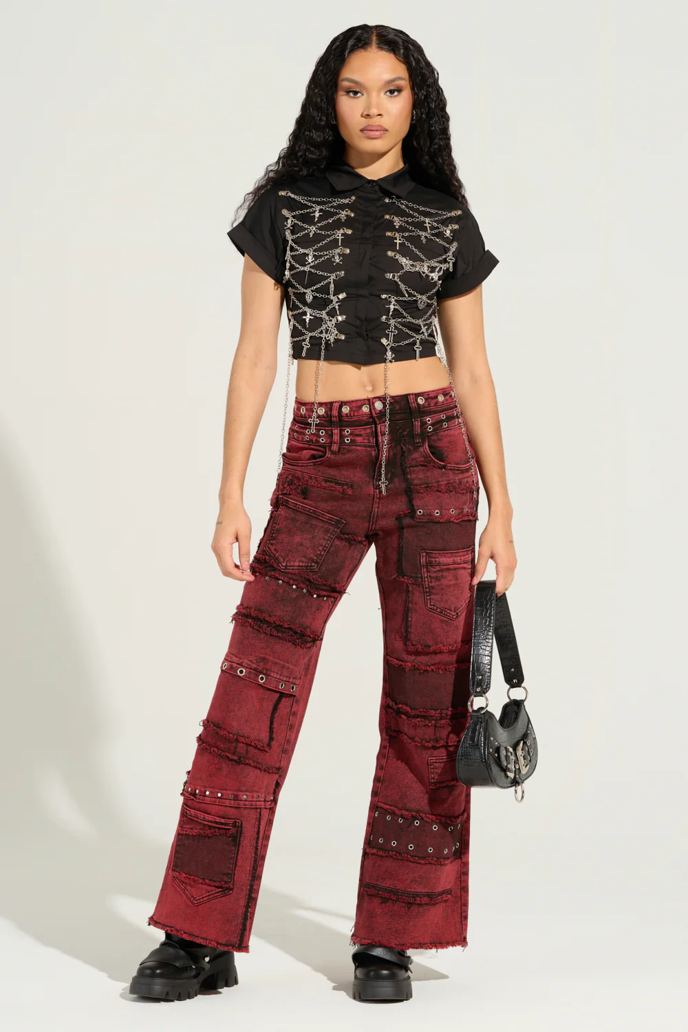 GRUNGY ATTITUDE MINERAL WASH RED WIDE LEG DENIM - Image 2