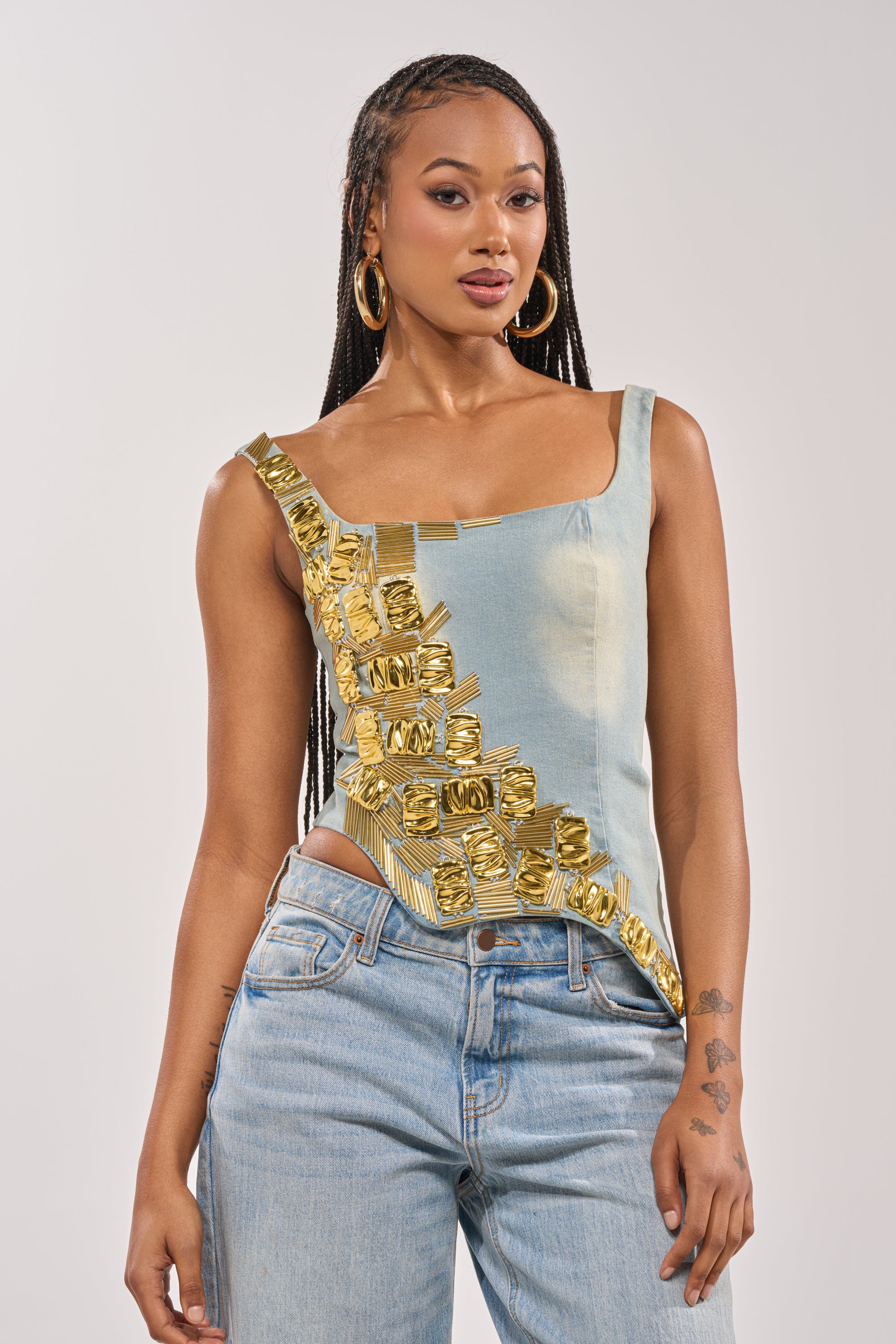 HAND BEADED LUX DENIM CORSET IN LIGHT BLUE DENIM - Image 3