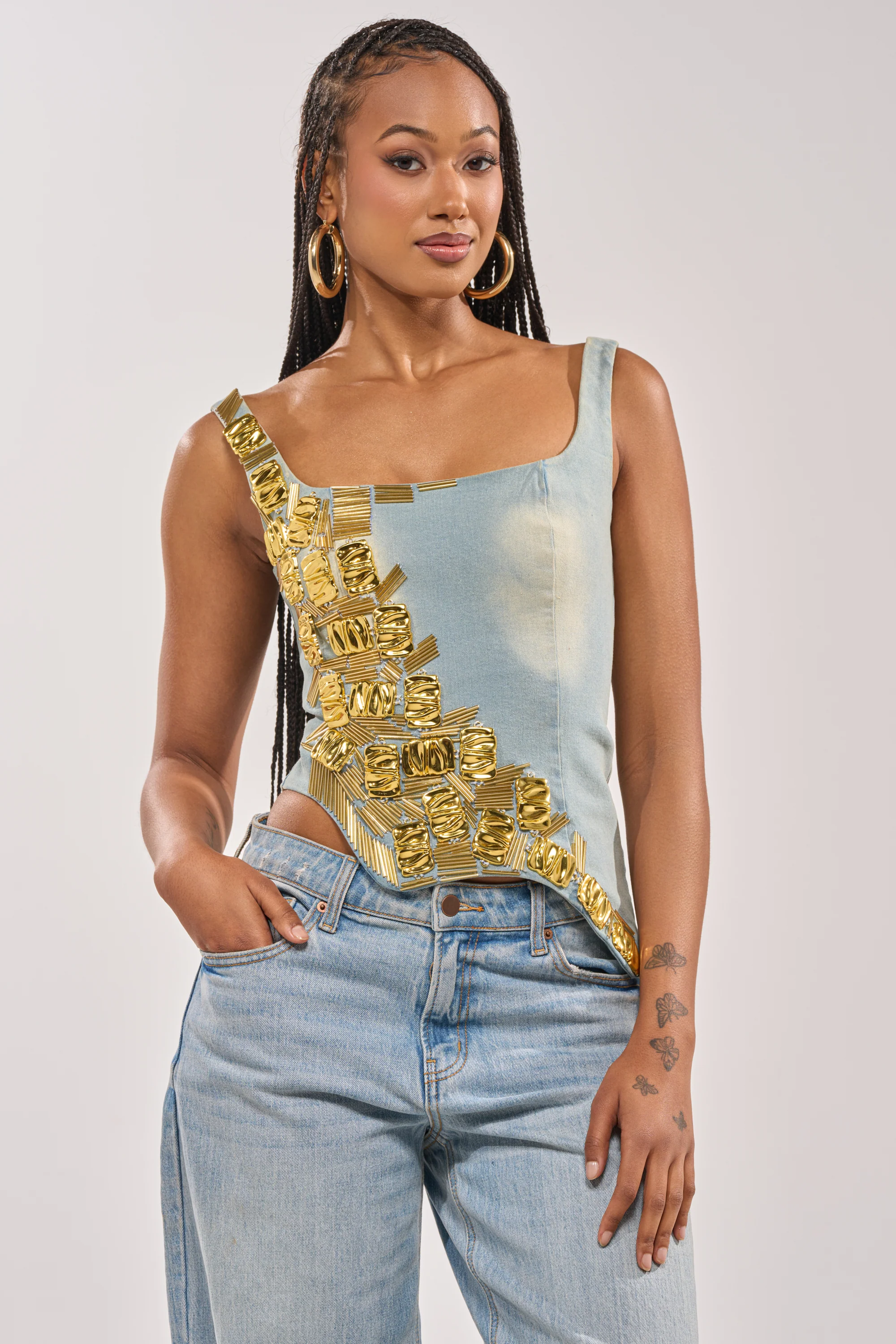 HAND BEADED LUX DENIM CORSET IN LIGHT BLUE DENIM - Image 4