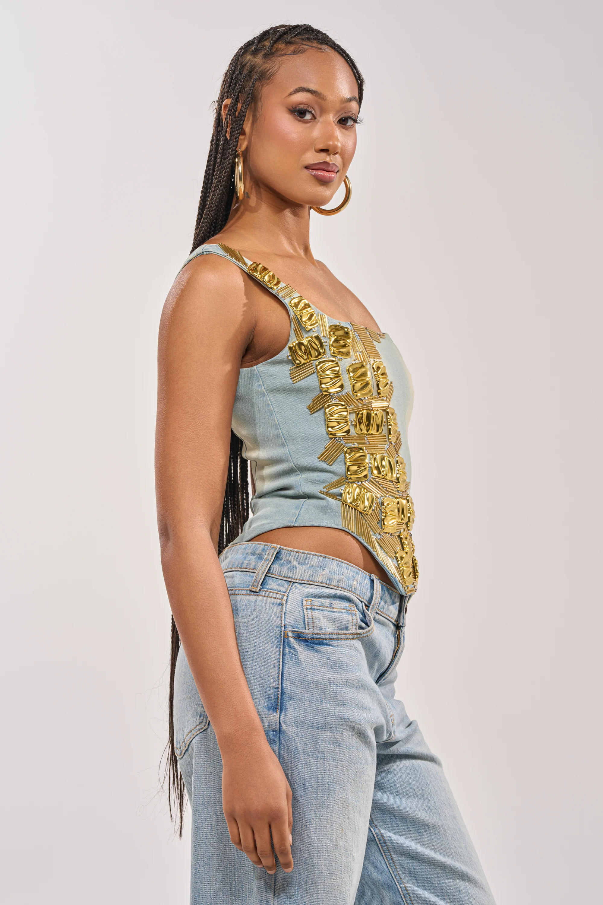 HAND BEADED LUX DENIM CORSET IN LIGHT BLUE DENIM - Image 5