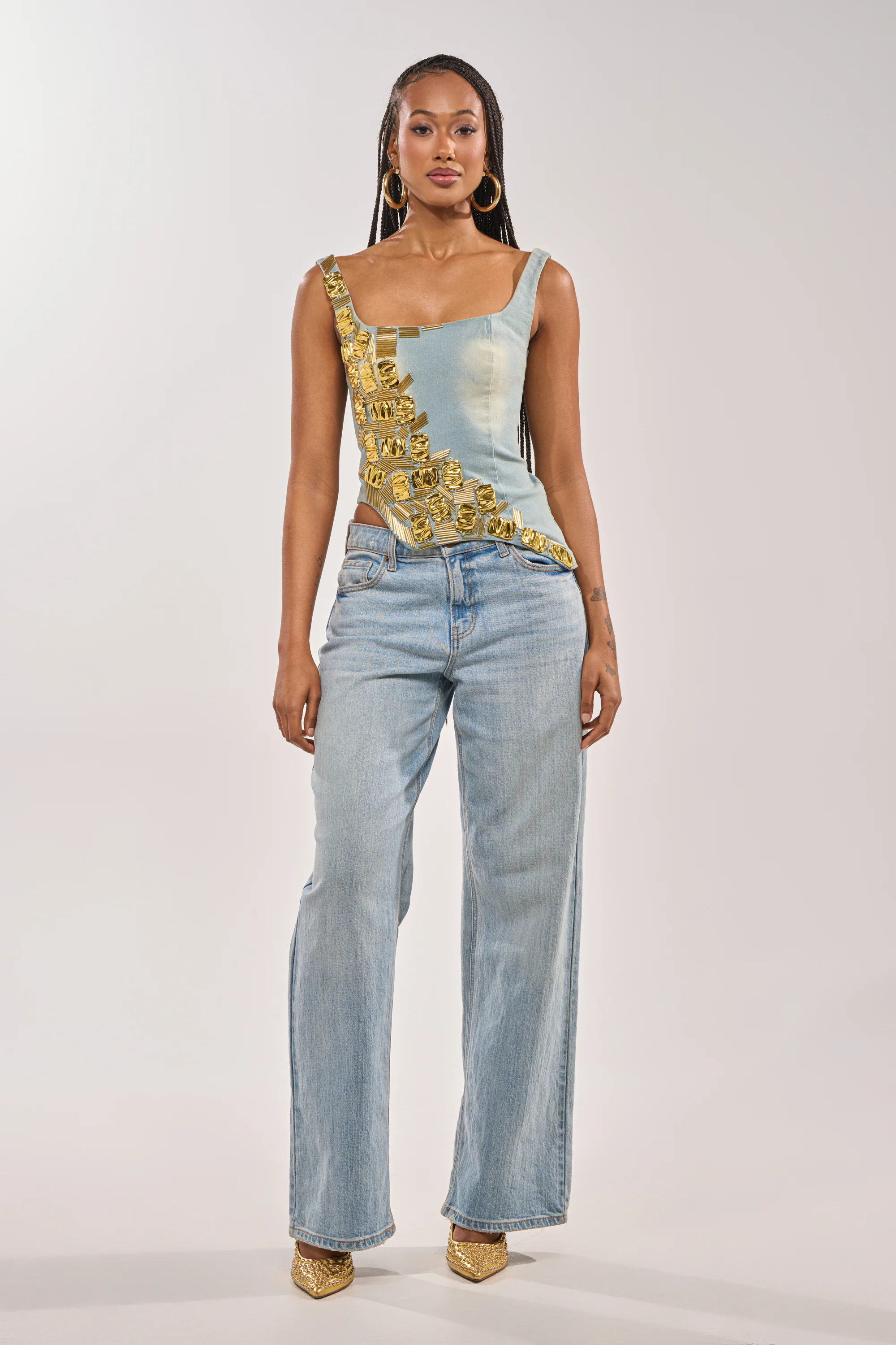HAND BEADED LUX DENIM CORSET IN LIGHT BLUE DENIM - Image 8
