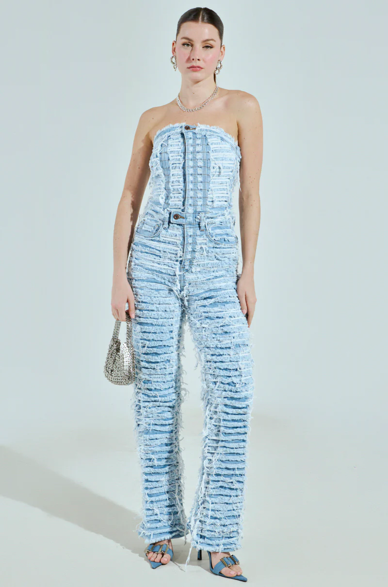I DONT CHASE I ATTRACT DISTRESSED LIGHT BLUE DENIM JUMPSUIT - Image 3
