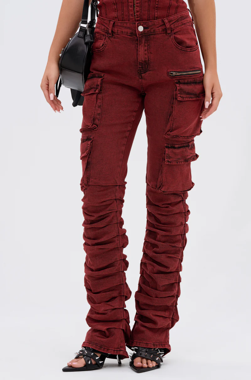 IT GETS EASIER STACKED CARGO PANT IN BURGUNDY - Image 2
